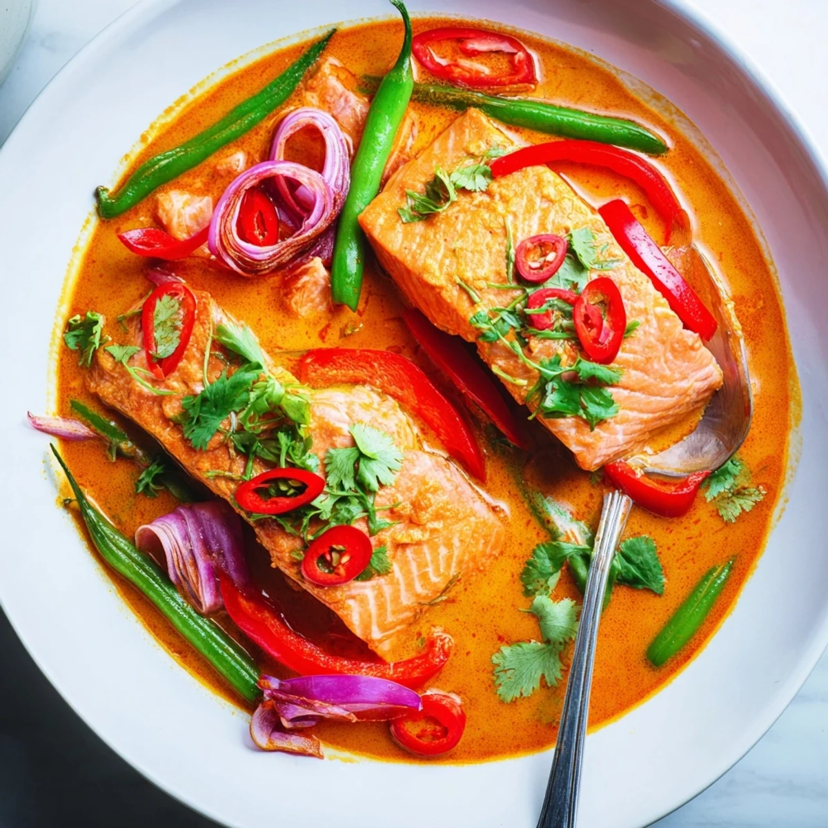 Golden pan-seared salmon fillets nestled in creamy red curry coconut sauce with vibrant bell peppers and sugar snap peas