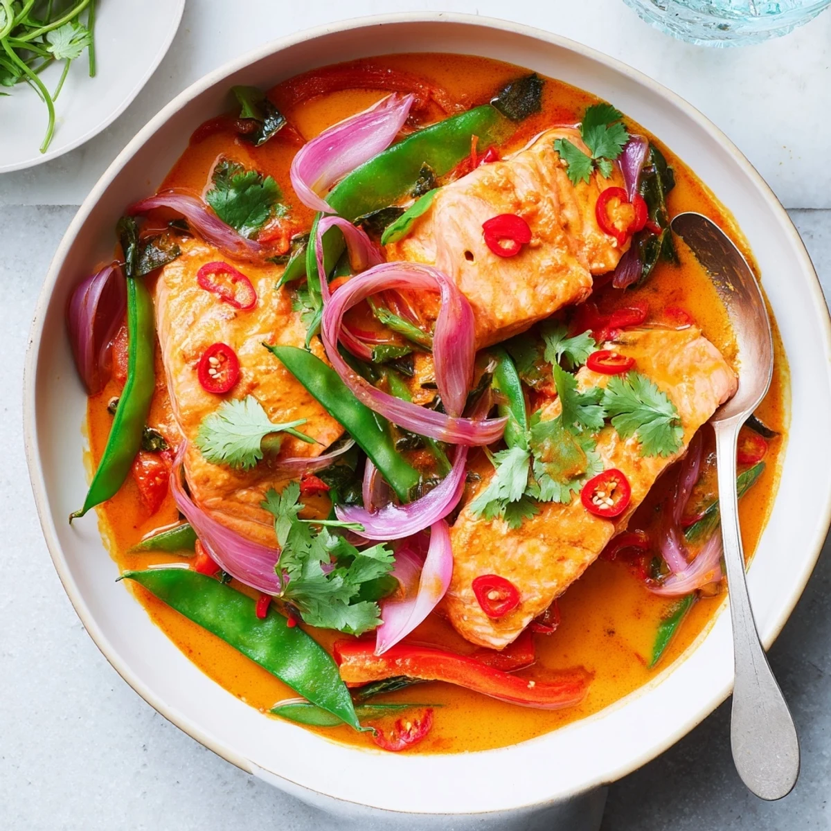Flaky Thai-style salmon simmered in aromatic red curry coconut milk topped with fresh coriander and sliced red chili