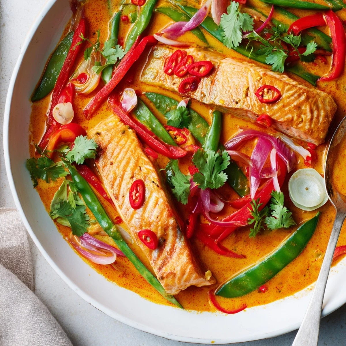 Creamy red curry coconut salmon dish served over jasmine rice with colorful vegetables and generous cilantro garnish