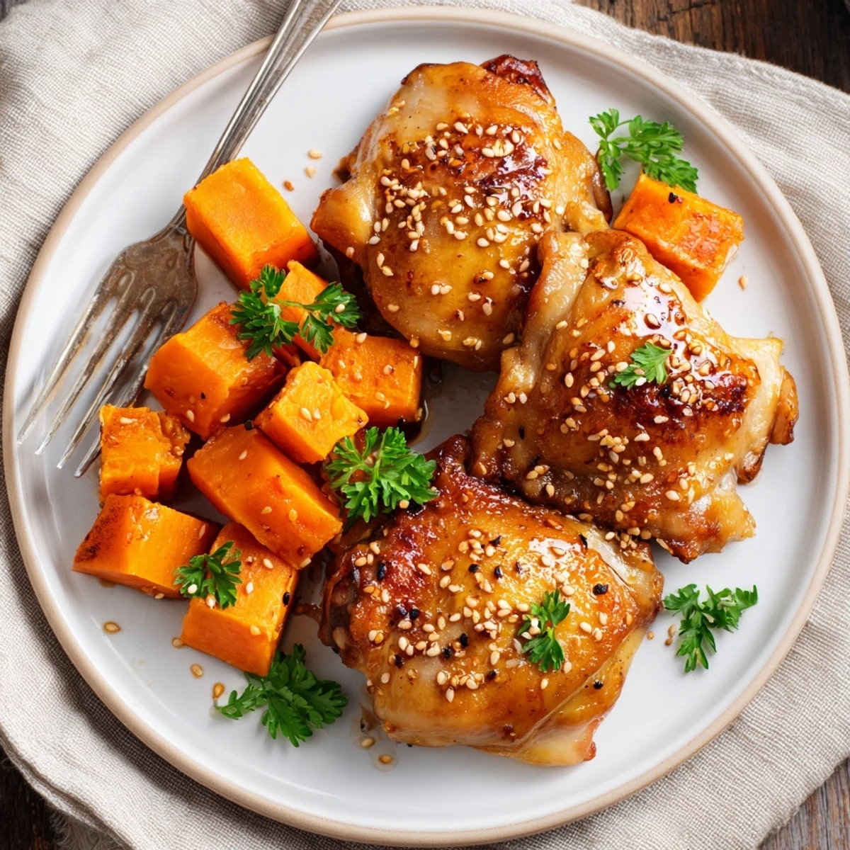 Golden glazed honey garlic chicken thighs with caramelized edges resting beside tender roasted sweet potato cubes