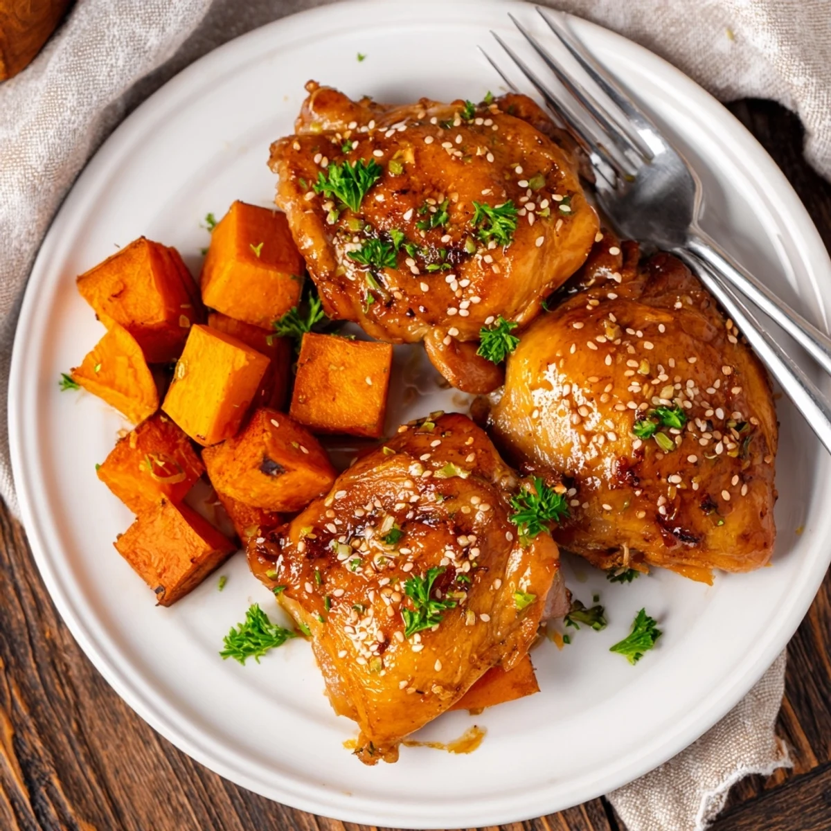 One-pan honey garlic chicken with glistening sweet and savory sauce served over crispy roasted sweet potatoes