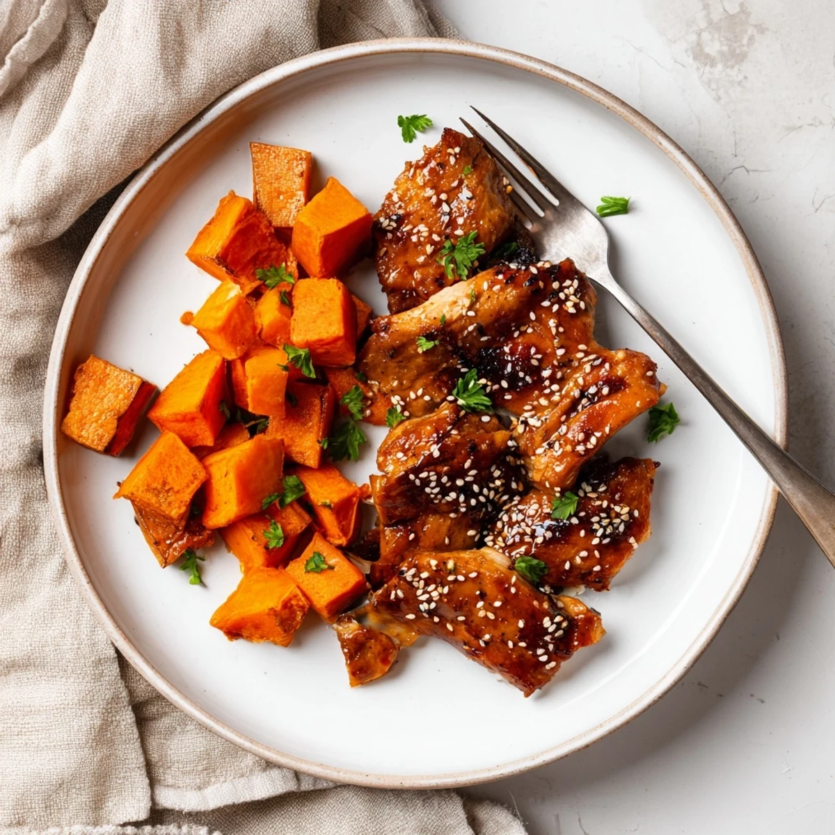 Honey garlic chicken arranged on a white plate with seasoned roasted sweet potatoes and fresh parsley garnish