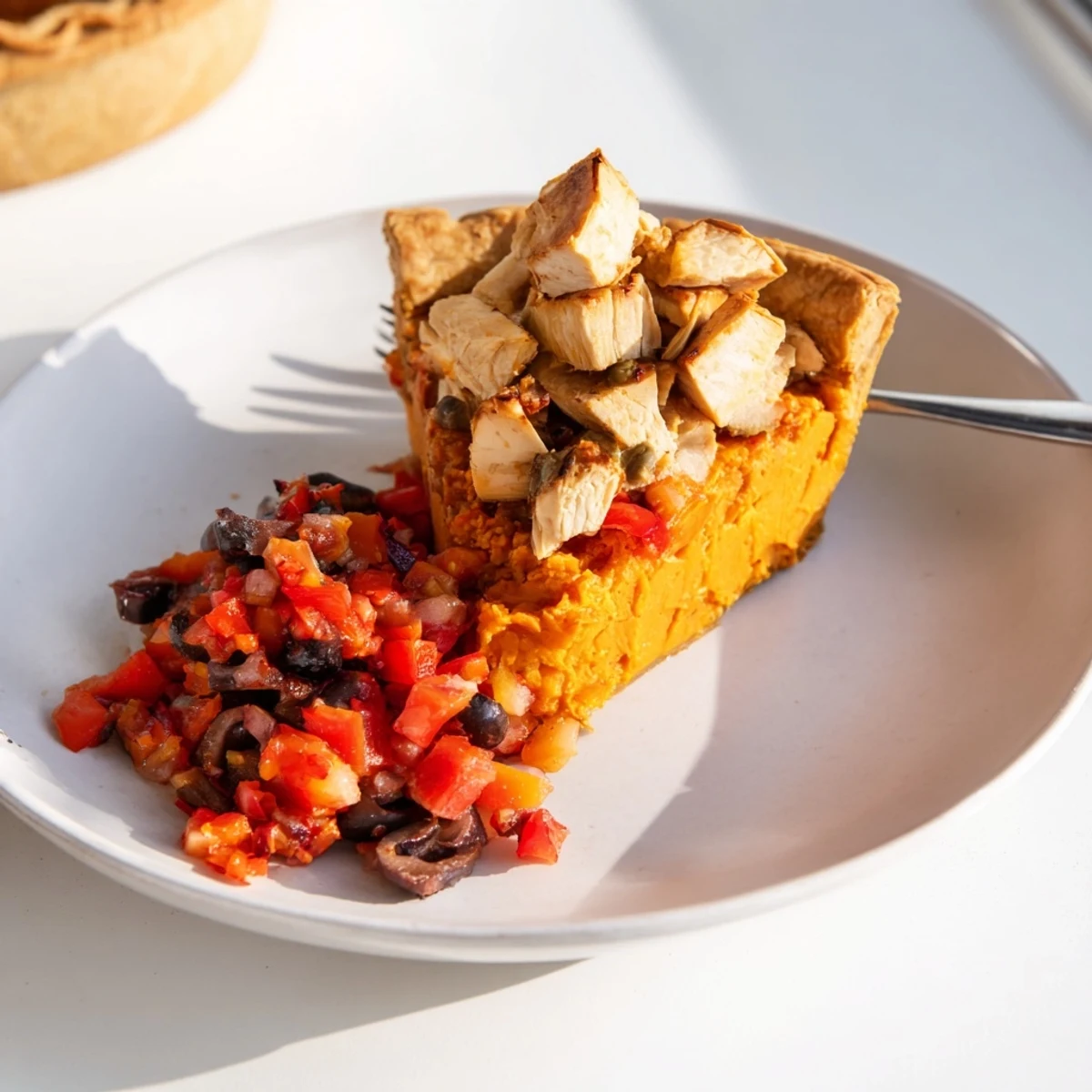 Golden brown sweet potato and chicken pie topped with vibrant tomato olive salsa