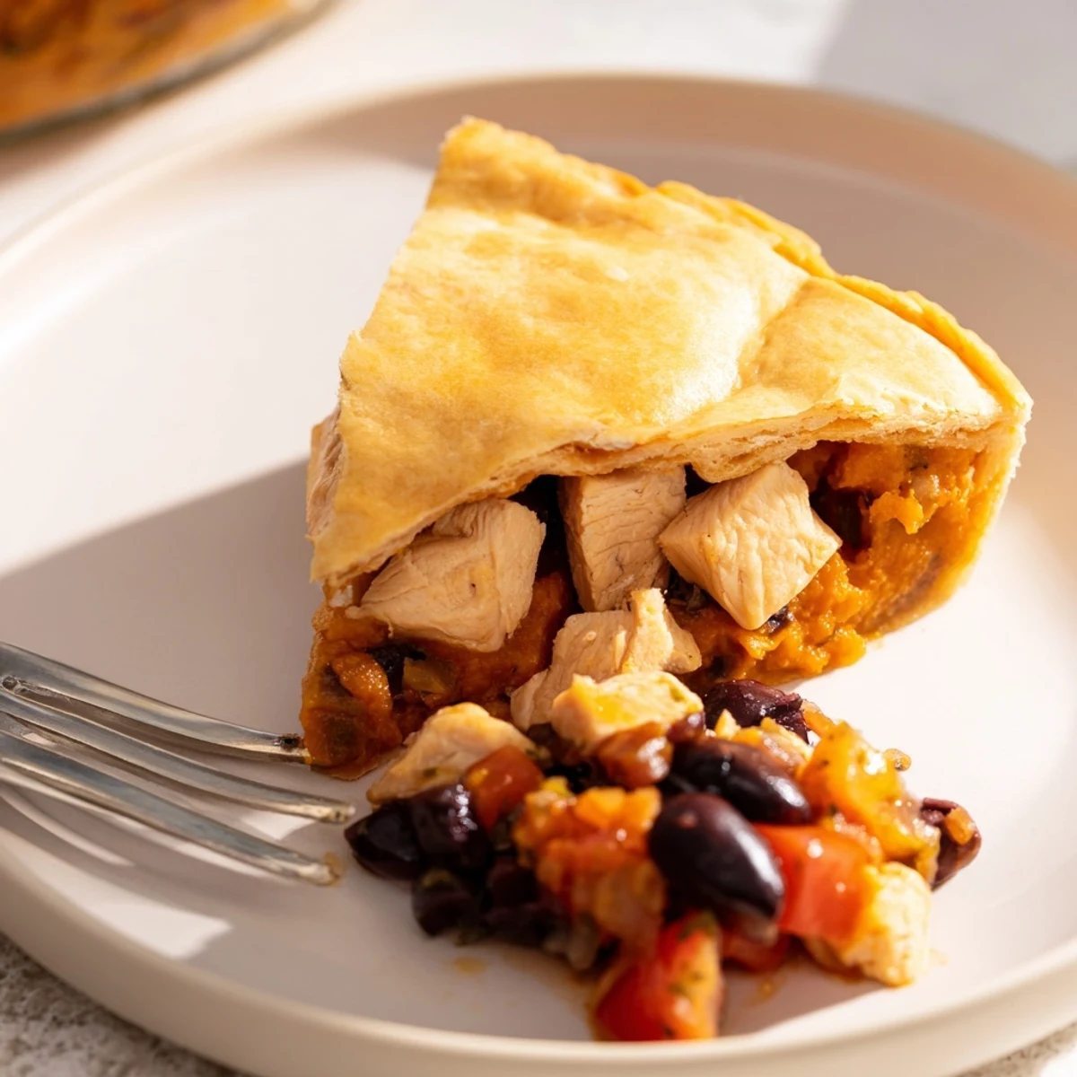 Savory chicken and sweet potato pie fresh from oven with zesty tomato olive garnish
