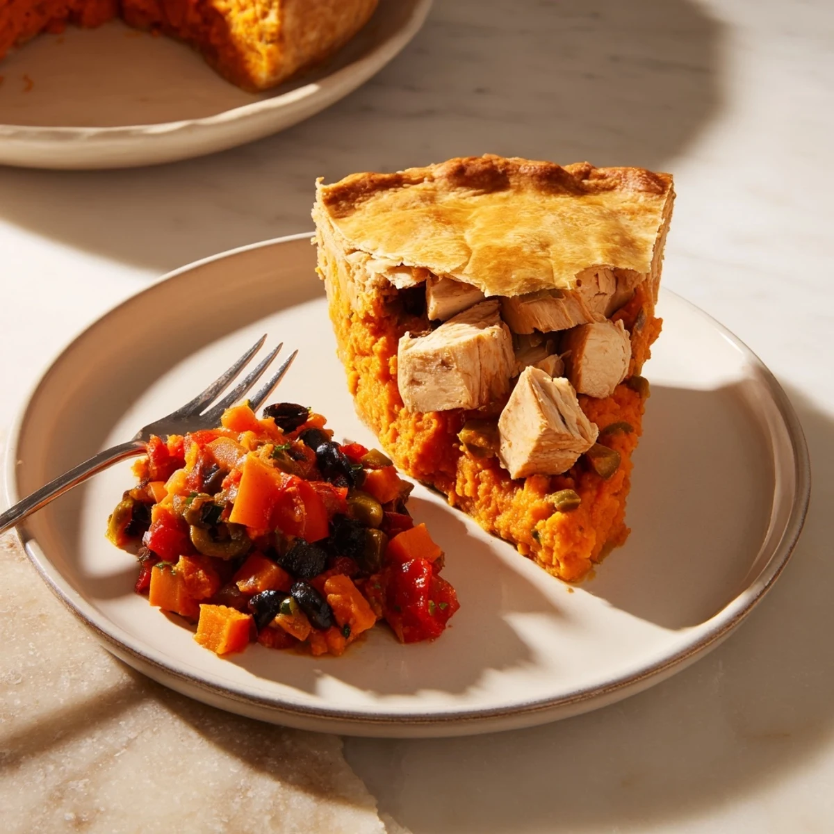 Comforting Mediterranean-style pie featuring tender chicken sweet potato filling and tangy tomato olive salsa