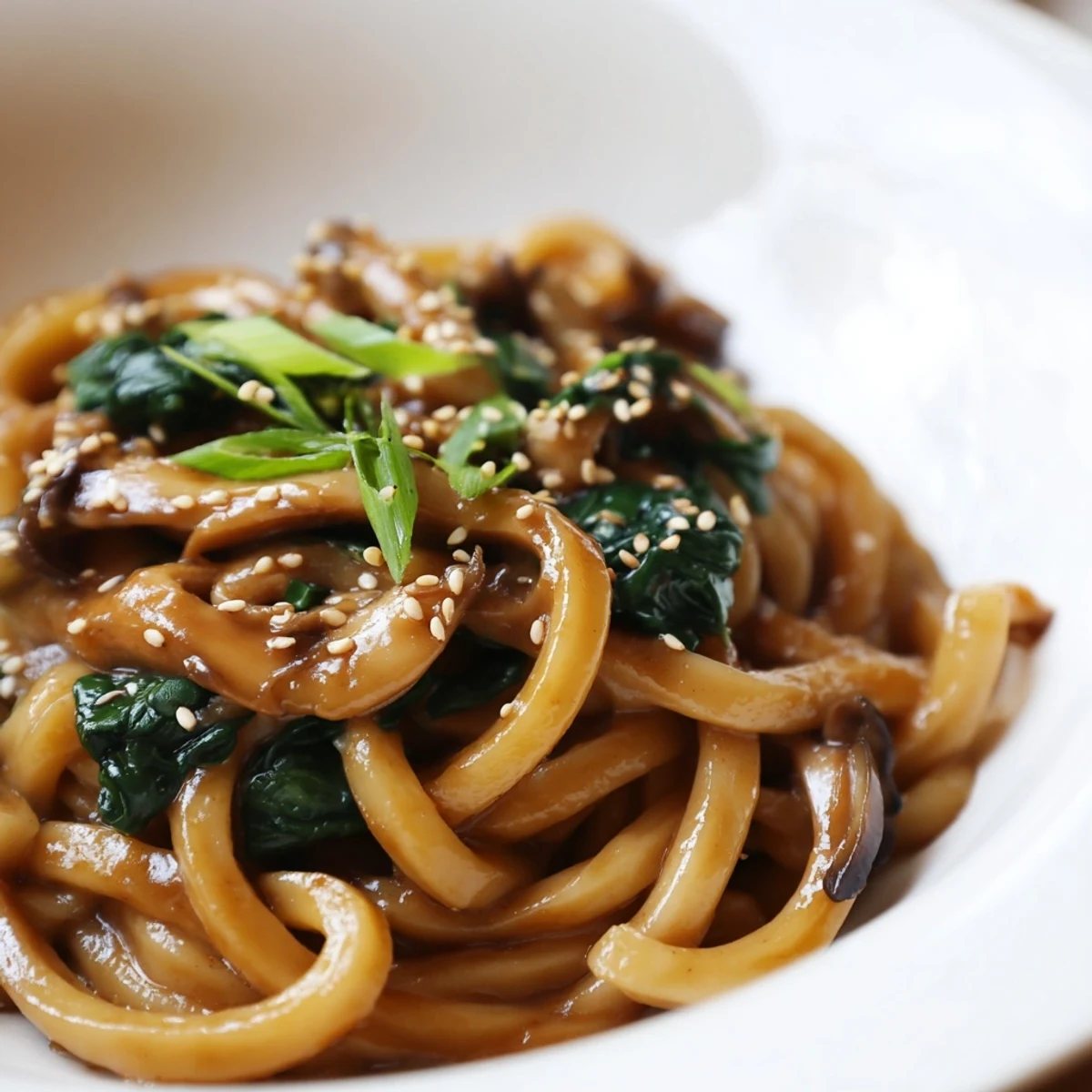 Steaming bowl of Japanese-inspired creamy miso udon garnished with fresh green onions and sesame seeds