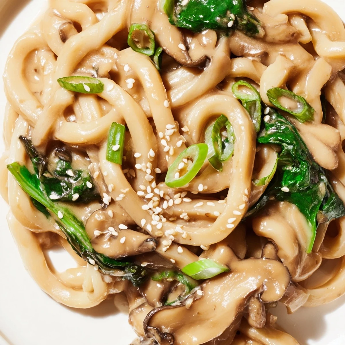 Thick chewy udon noodles coated in rich velvety miso cream sauce with tender shiitake mushrooms