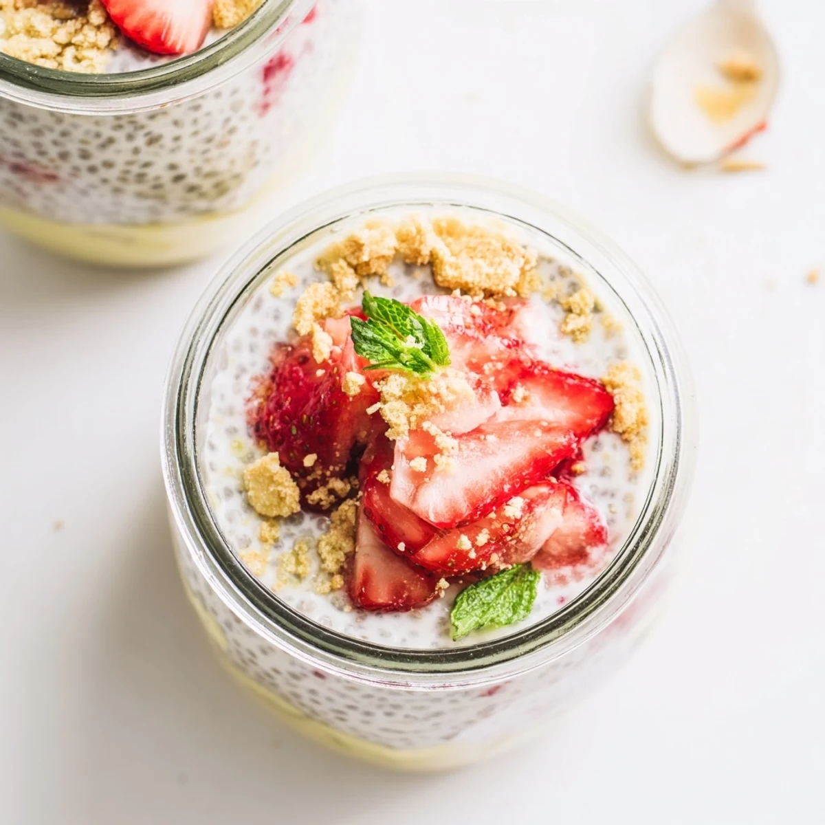 Glass jar displaying layered strawberry cheesecake chia pudding with fresh berry slices and graham cracker topping