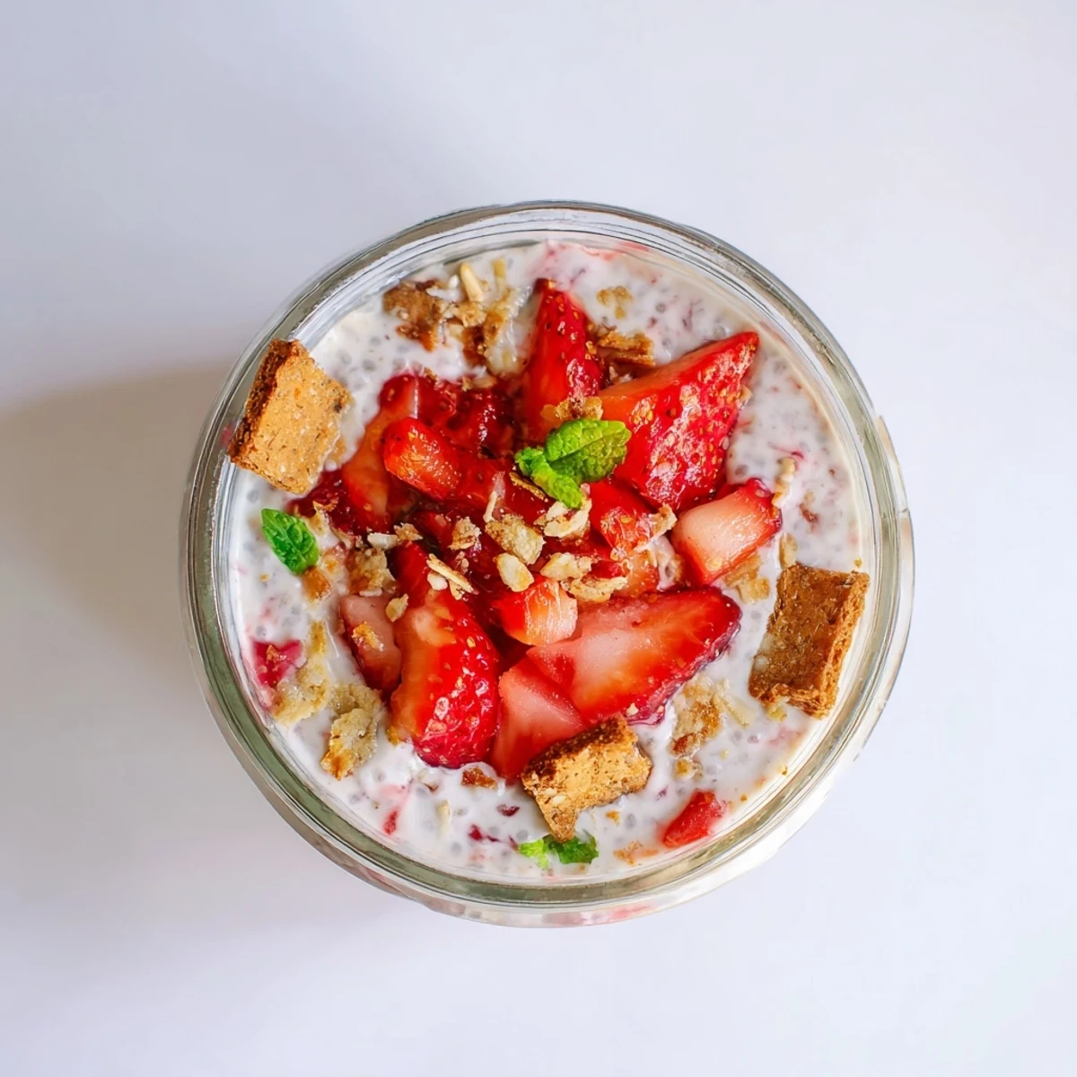 Wholesome strawberry cheesecake chia pudding breakfast jar topped with diced fresh strawberries and crushed graham crackers