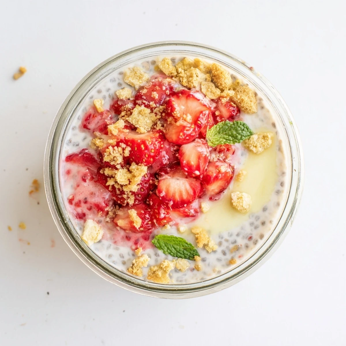 Creamy strawberry cheesecake chia pudding parfait layered with vibrant red berries and mint garnish