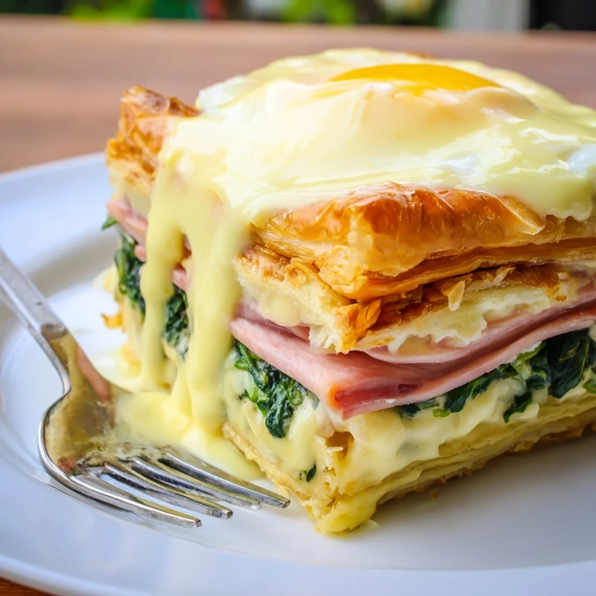 Golden baked eggs Napoleon stacked with puff pastry, spinach, and rich hollandaise sauce
