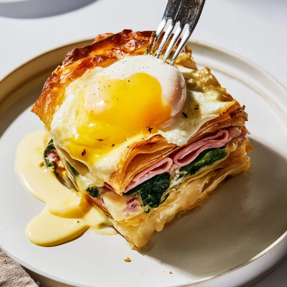 Elegant Baked Eggs Napoleon with ham, Gruyère cheese, and runny yolks on flaky pastry