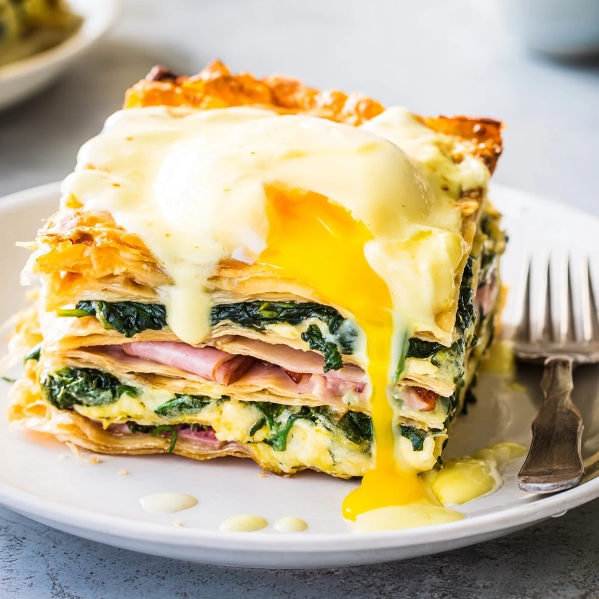 Sophisticated brunch dish featuring layered baked eggs Napoleon topped with creamy homemade hollandaise