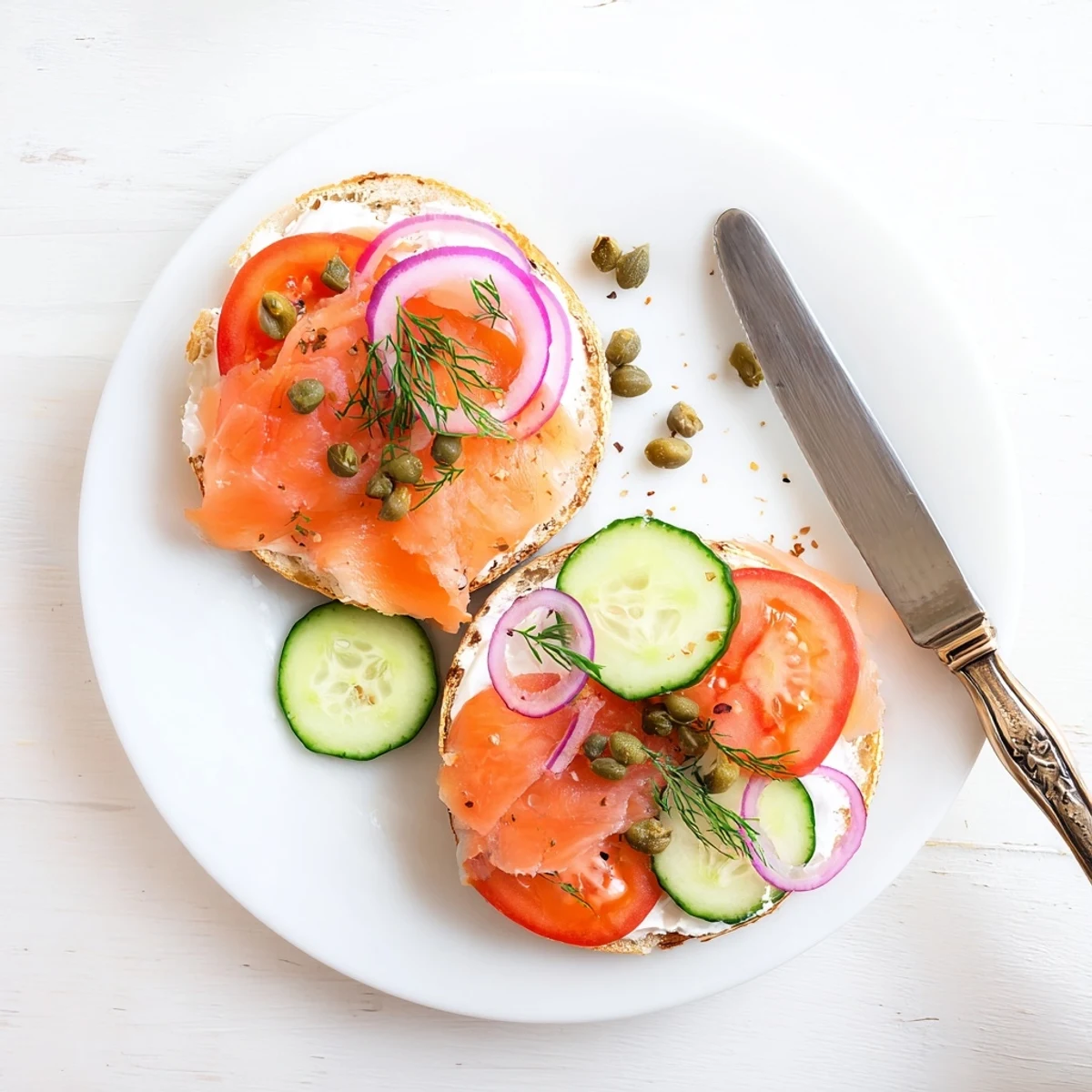 Classic deli-style smoked salmon bagel with tangy cream cheese and caper topping