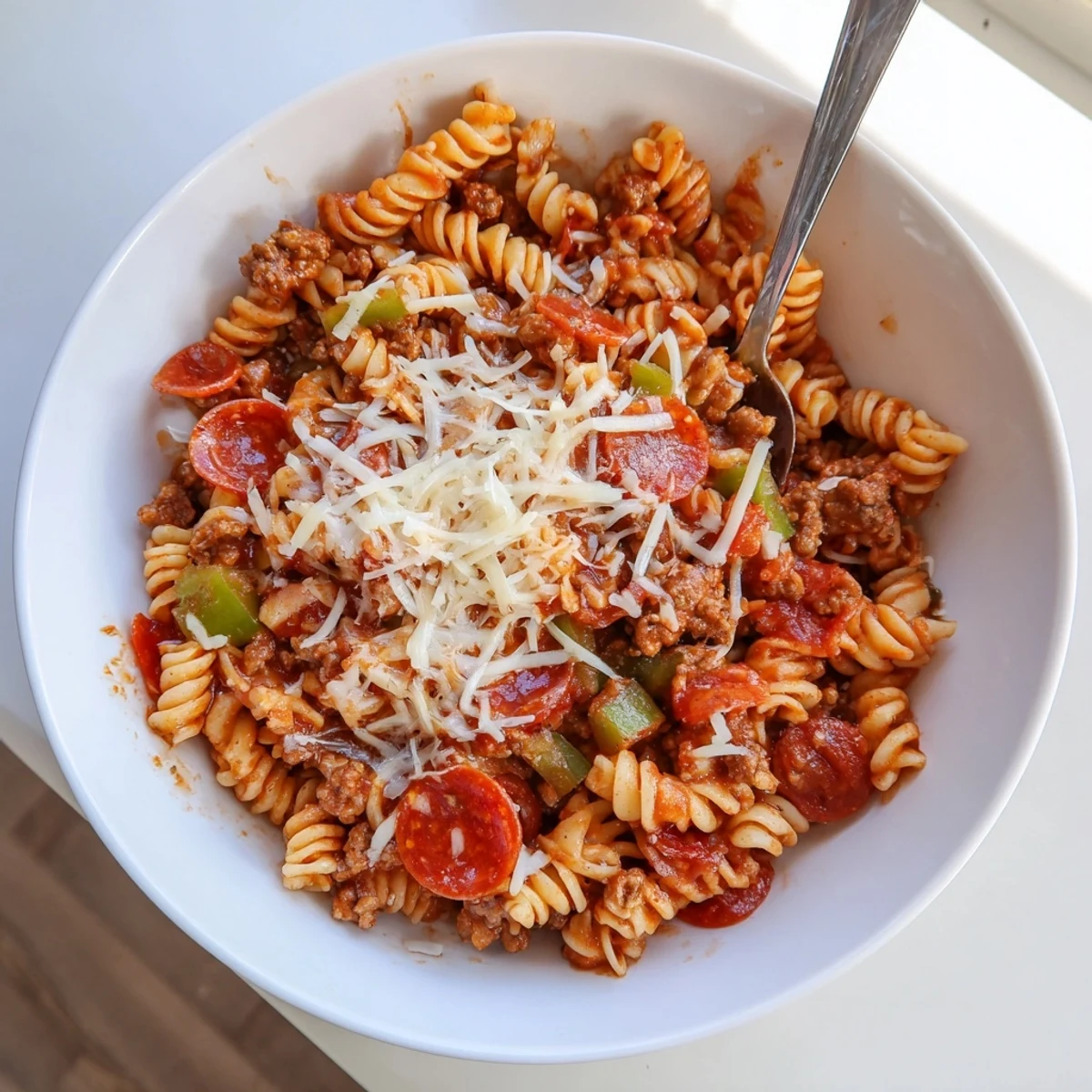 Slow cooker Crockpot Pizza Pasta bubbling with melted mozzarella, pepperoni slices, and rotini noodles in a rich red sauce
