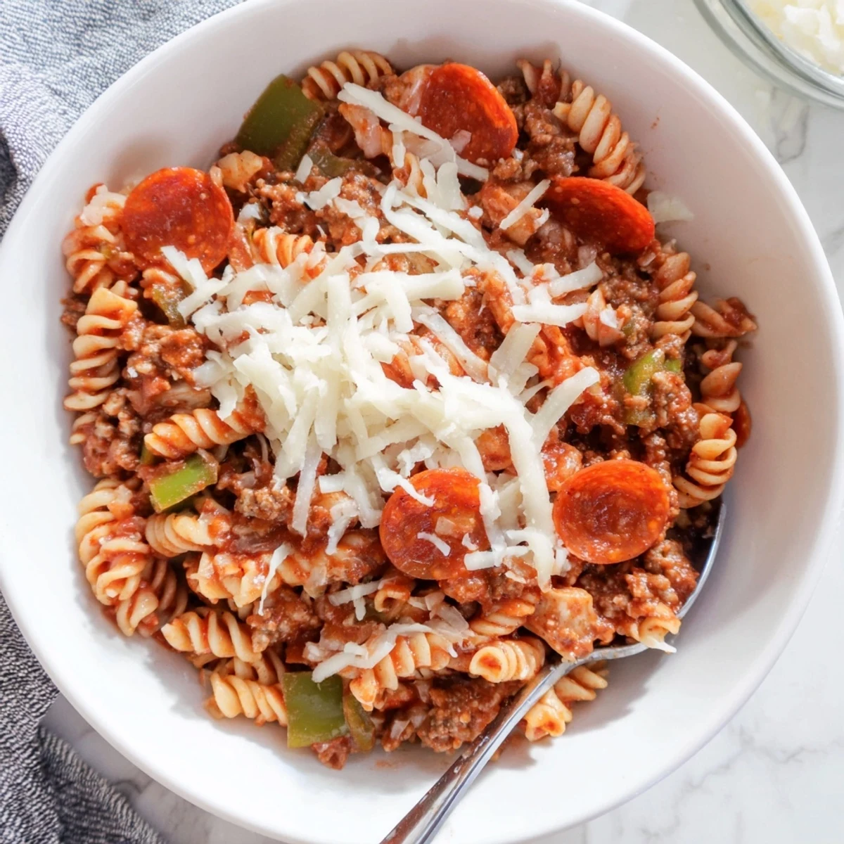 Hearty bowl of Crockpot Pizza Pasta topped with golden brown pepperoni and extra shredded cheese over tender penne