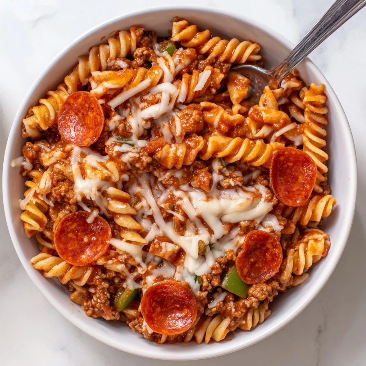 Crockpot Pizza Pasta dish featuring Italian sausage, bell peppers, and gooey mozzarella cheese served hot from the slow cooker