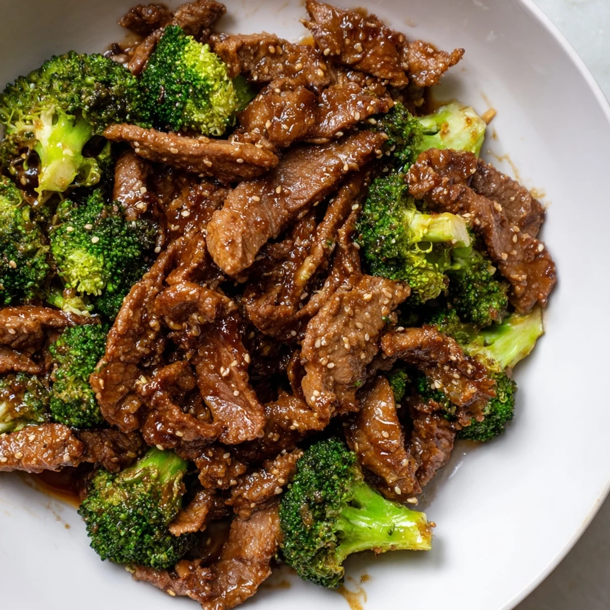 Slow cooker beef and broccoli with tender meat slices and bright green florets in savory garlic soy sauce