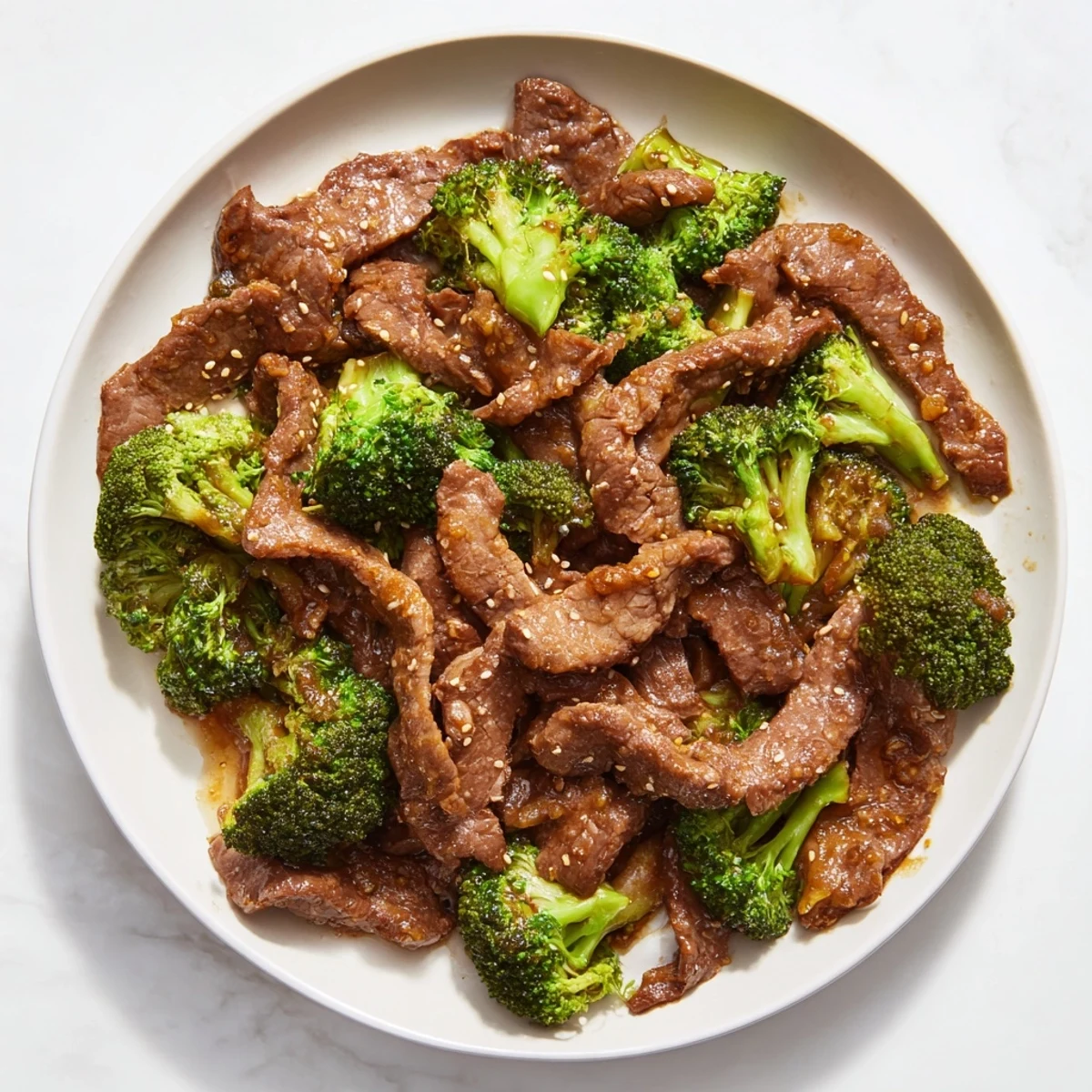 Tender slow-cooked beef and broccoli in glossy brown sauce garnished with toasted sesame seeds over steamed rice
