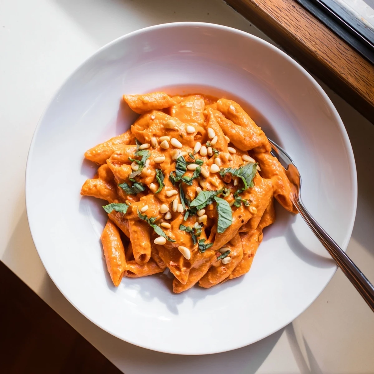 Creamy vegan sun dried tomato pasta tossed in rich cashew sauce with fresh basil garnish