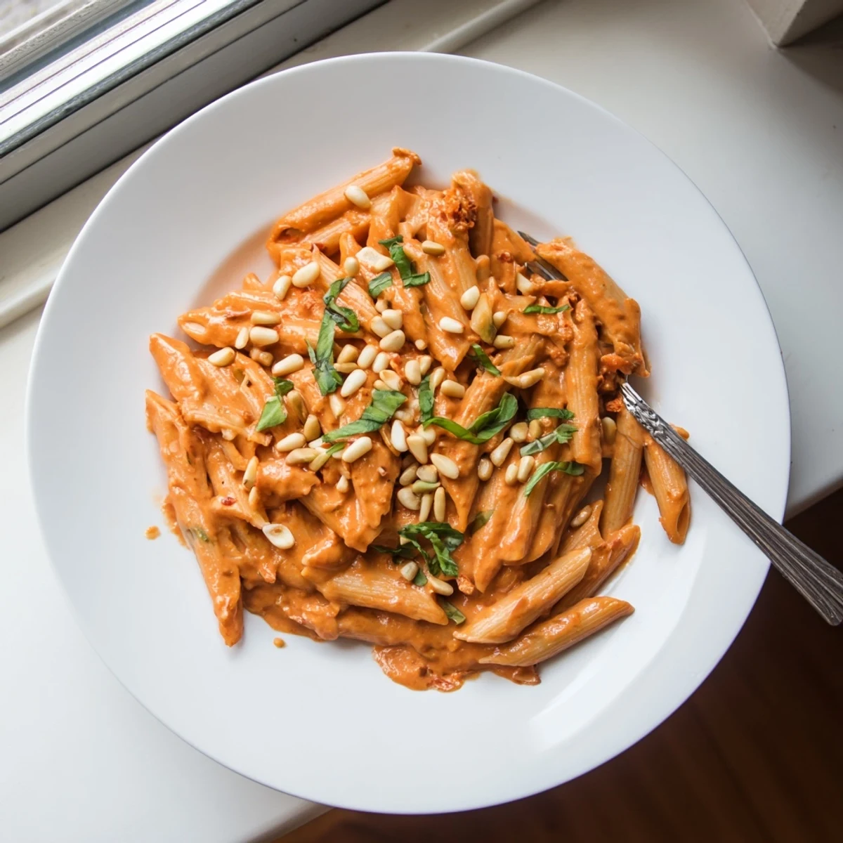 Plate of vegan sun dried tomato pasta featuring smooth dairy-free sauce and toasted pine nuts