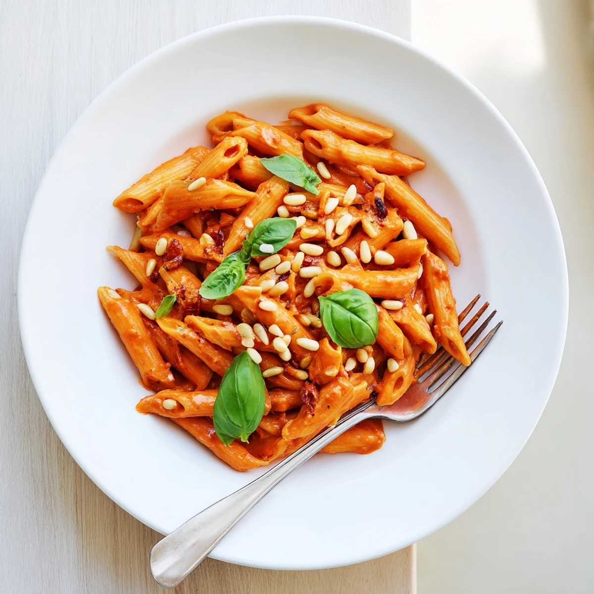 Twirled forkful of creamy sun dried tomato pasta showcasing vibrant red sauce and fresh herbs