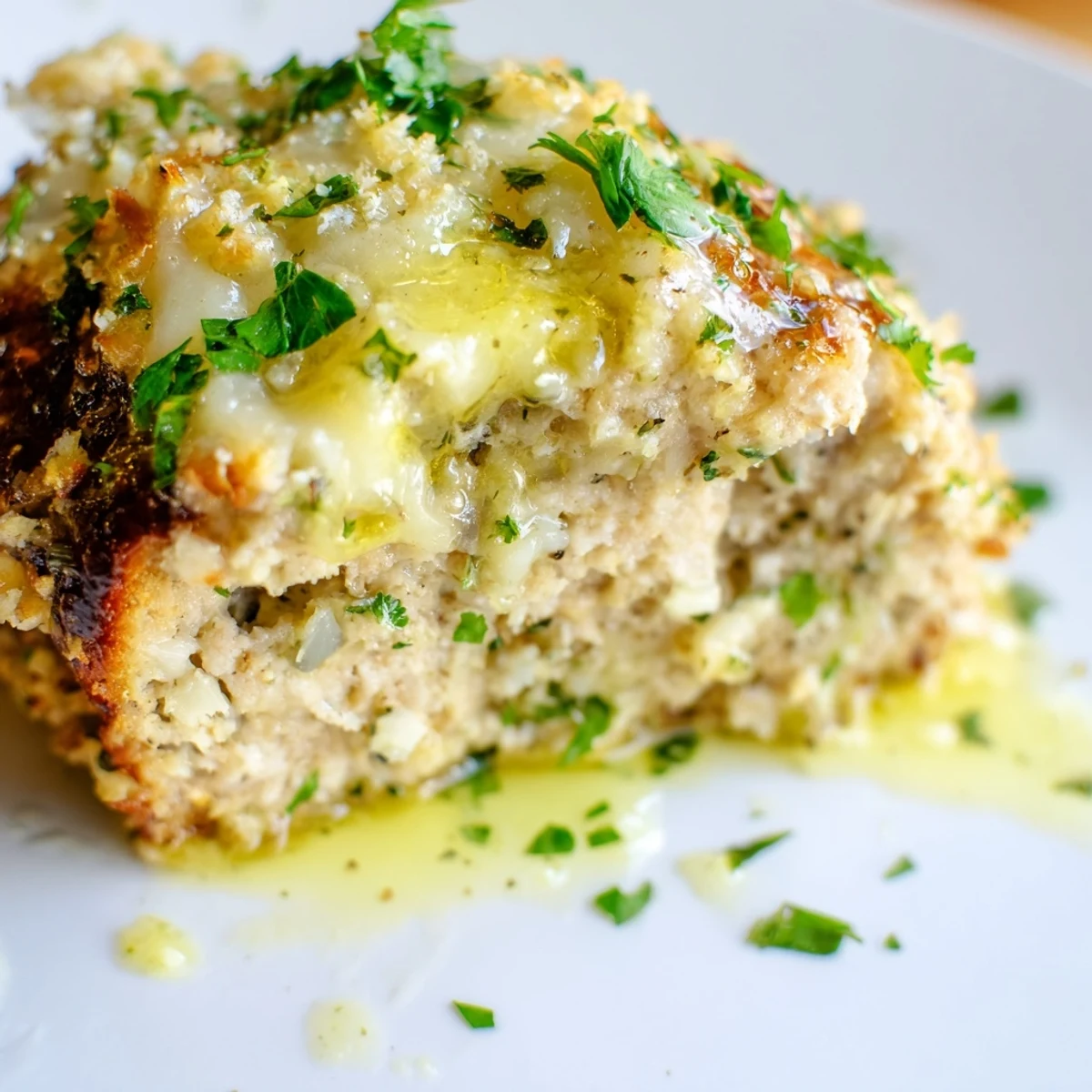 Golden garlic Parmesan chicken meatloaf sliced on a white serving platter with fresh parsley garnish