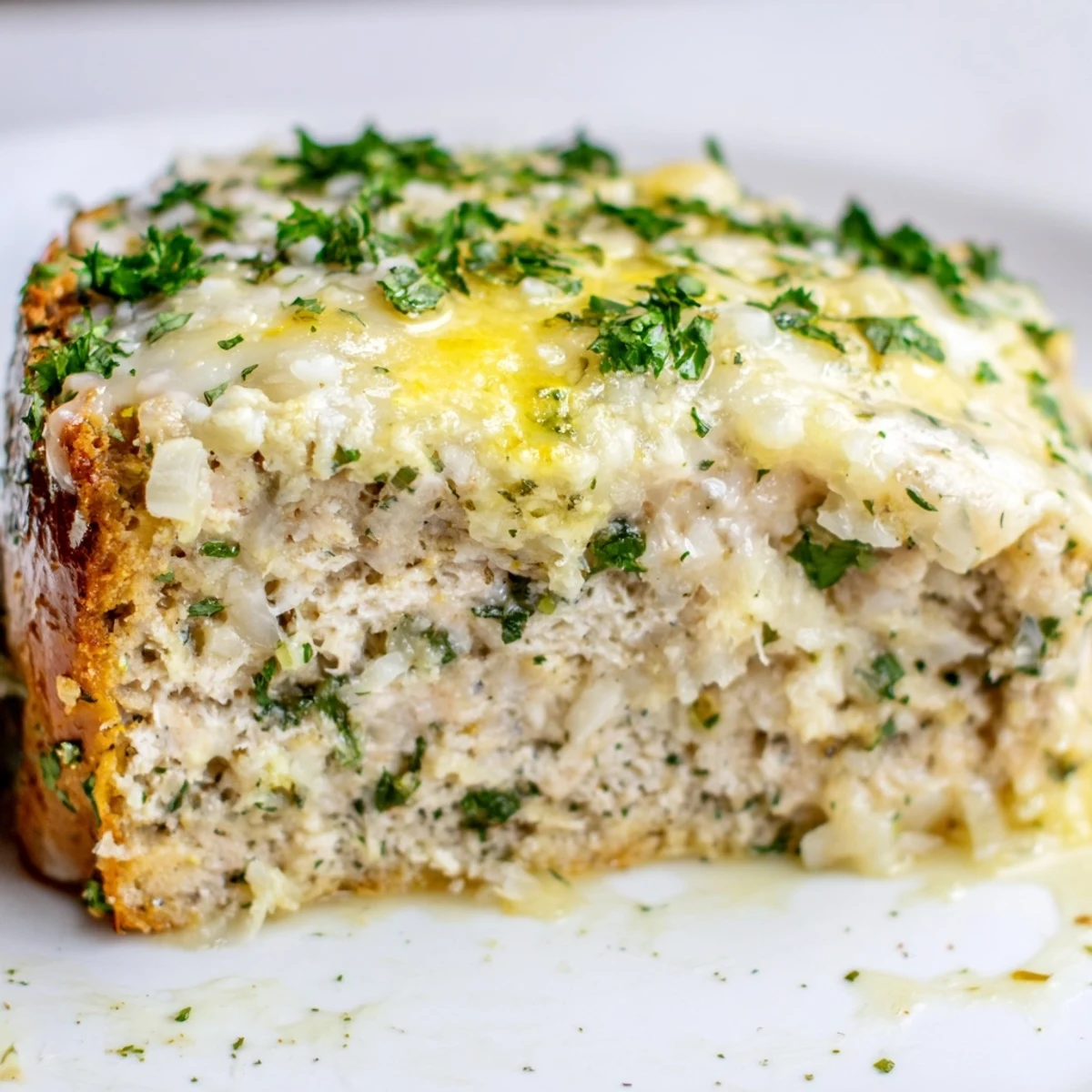 Savory chicken meatloaf with melted Parmesan crust resting on a wooden cutting board ready for serving