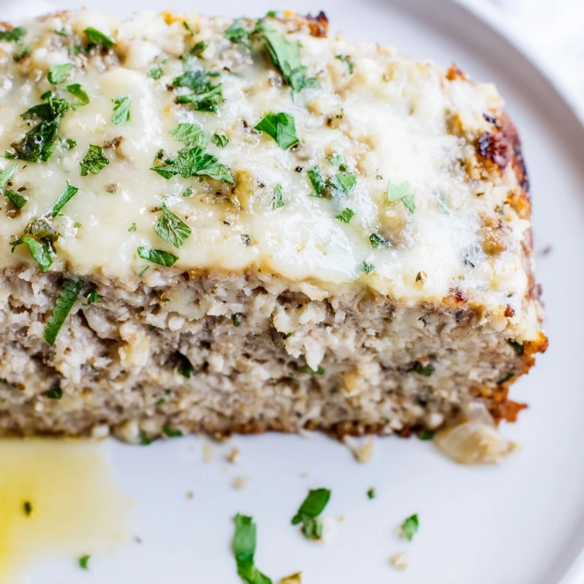 Moist garlic chicken meatloaf topped with cheesy butter layer served alongside roasted vegetables