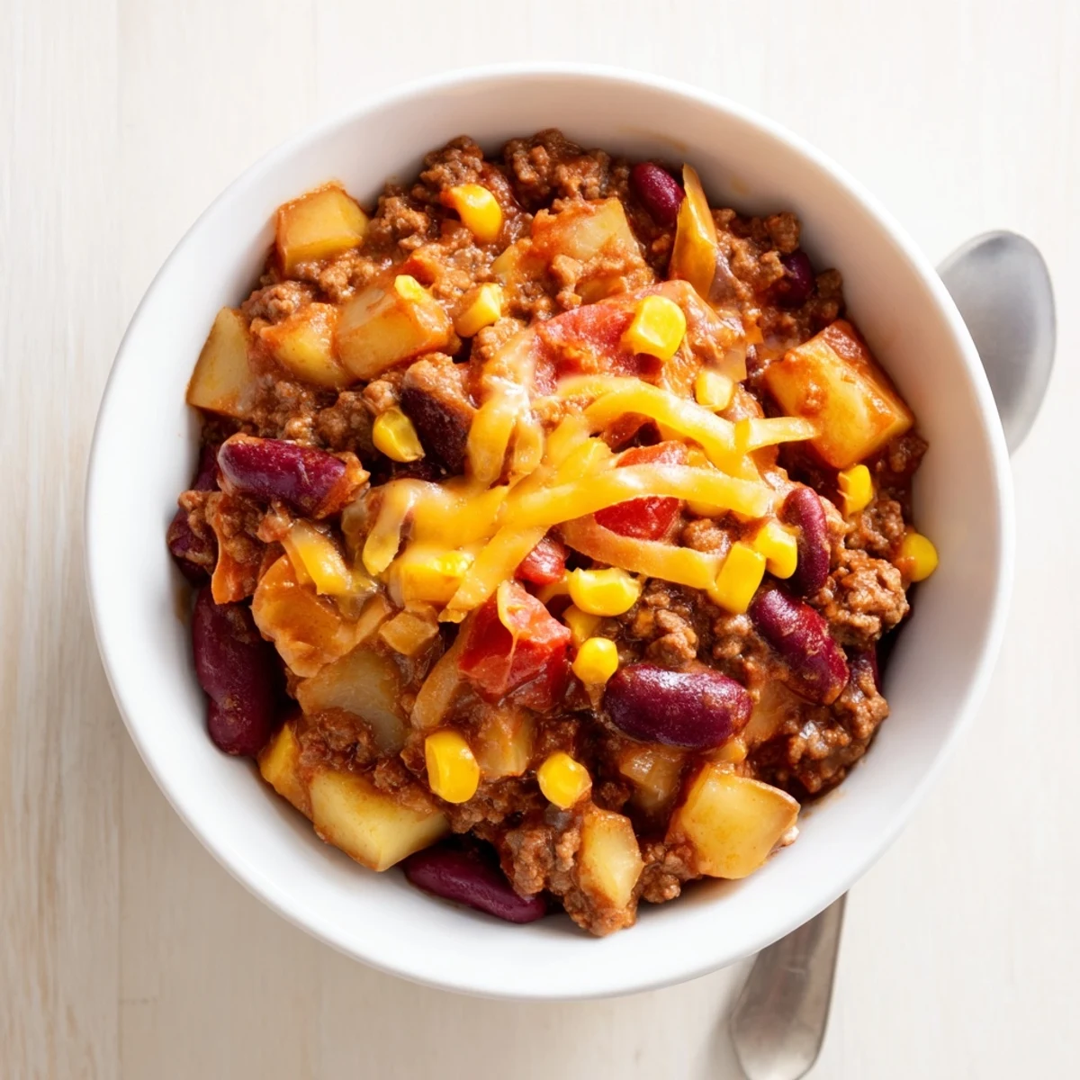 Golden melted cheddar tops this hearty slow cooker cowboy casserole with tender beef and vegetables
