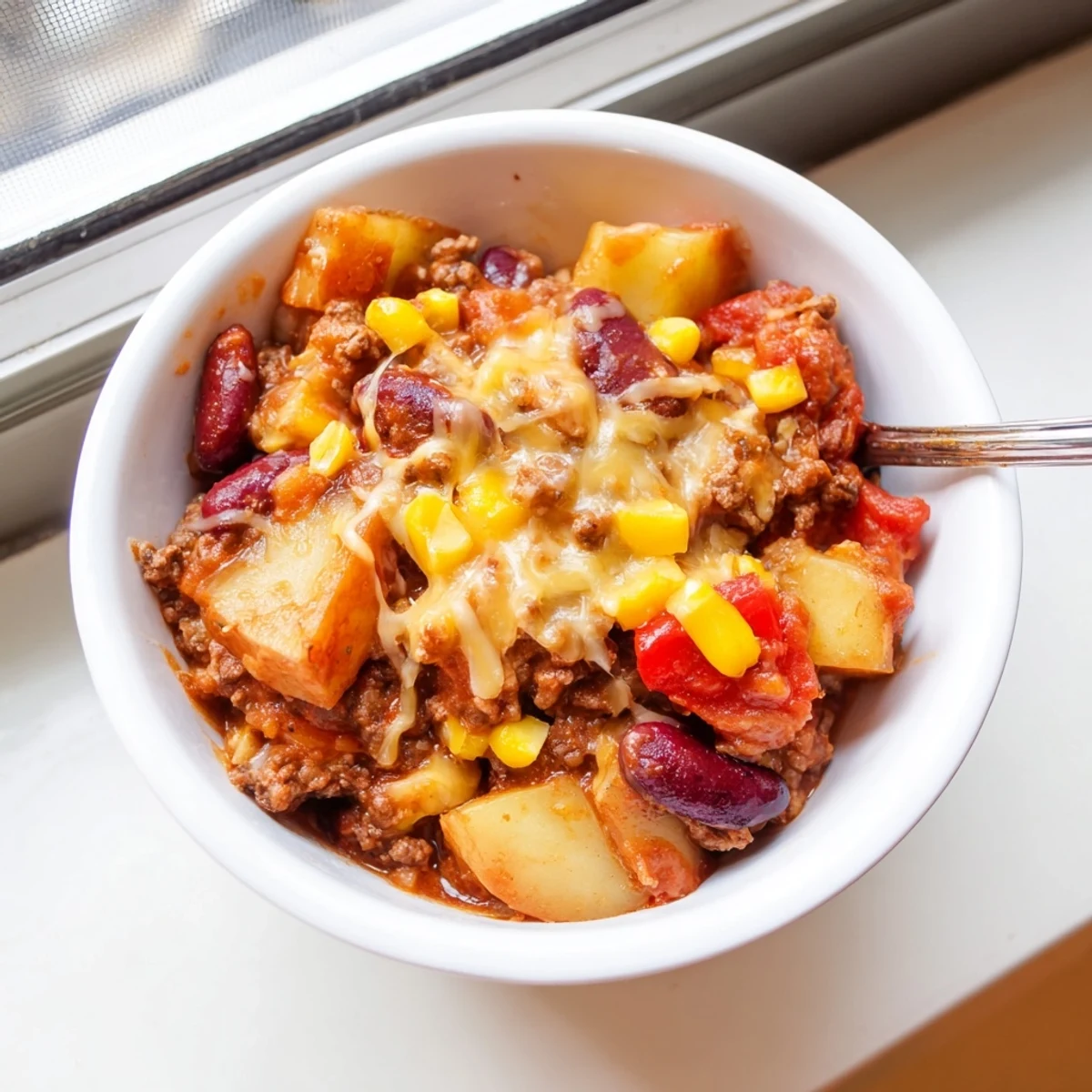 Steaming bowl of cowboy casserole featuring layers of potatoes beans corn and seasoned ground beef