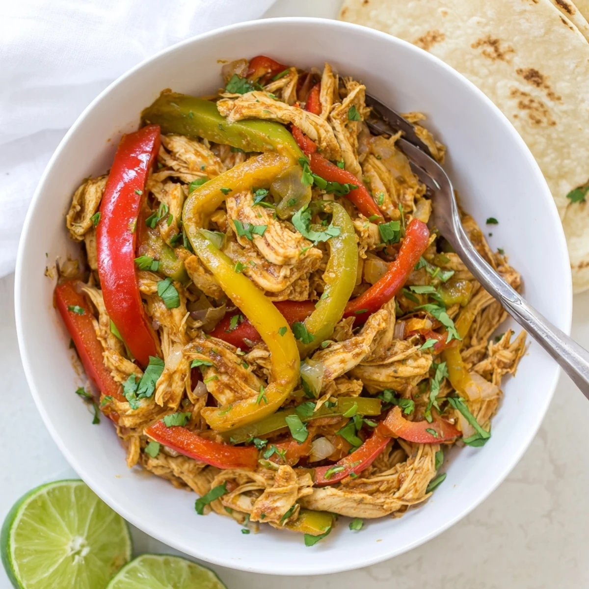 Colorful slow cooker chicken fajitas with tender shredded meat and vibrant bell peppers served in warm tortillas