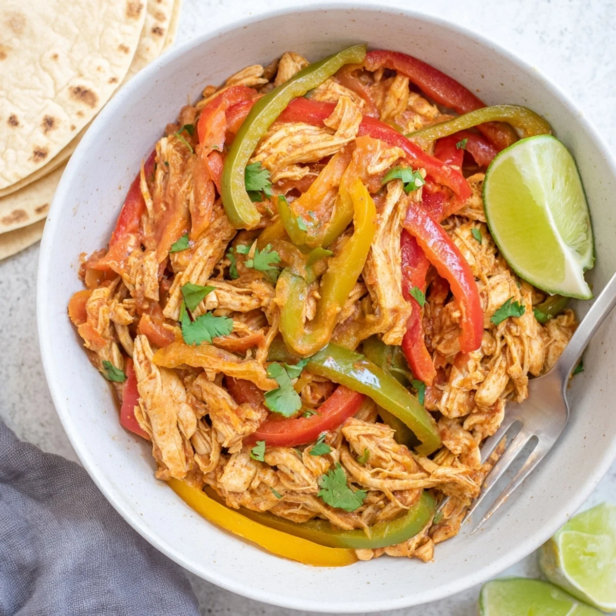 Easy Crockpot chicken fajitas featuring seasoned meat and colorful vegetables piled high on a platter with fresh toppings