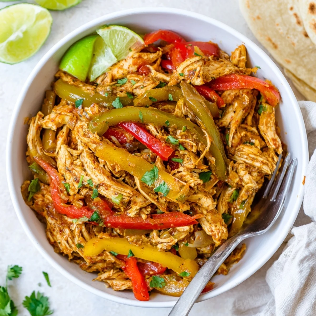 Savory slow cooker chicken fajitas with juicy shredded chicken and sliced peppers ready for wrapping in soft flour tortillas