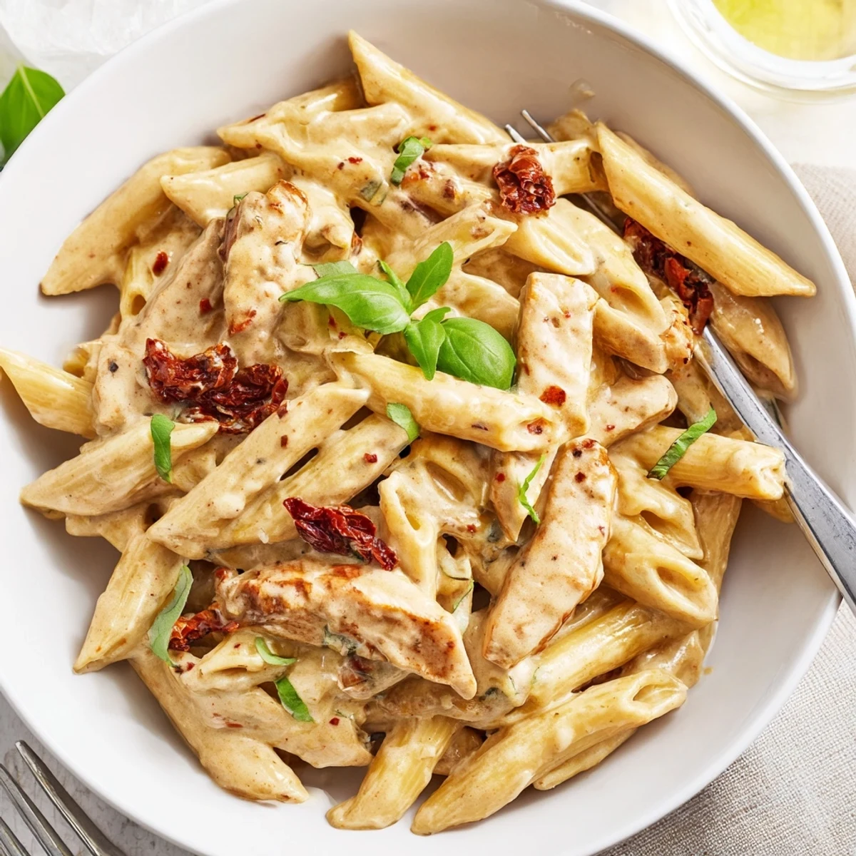 Golden pan-seared chicken slices tossed in creamy garlic parmesan sauce with sun-dried tomatoes