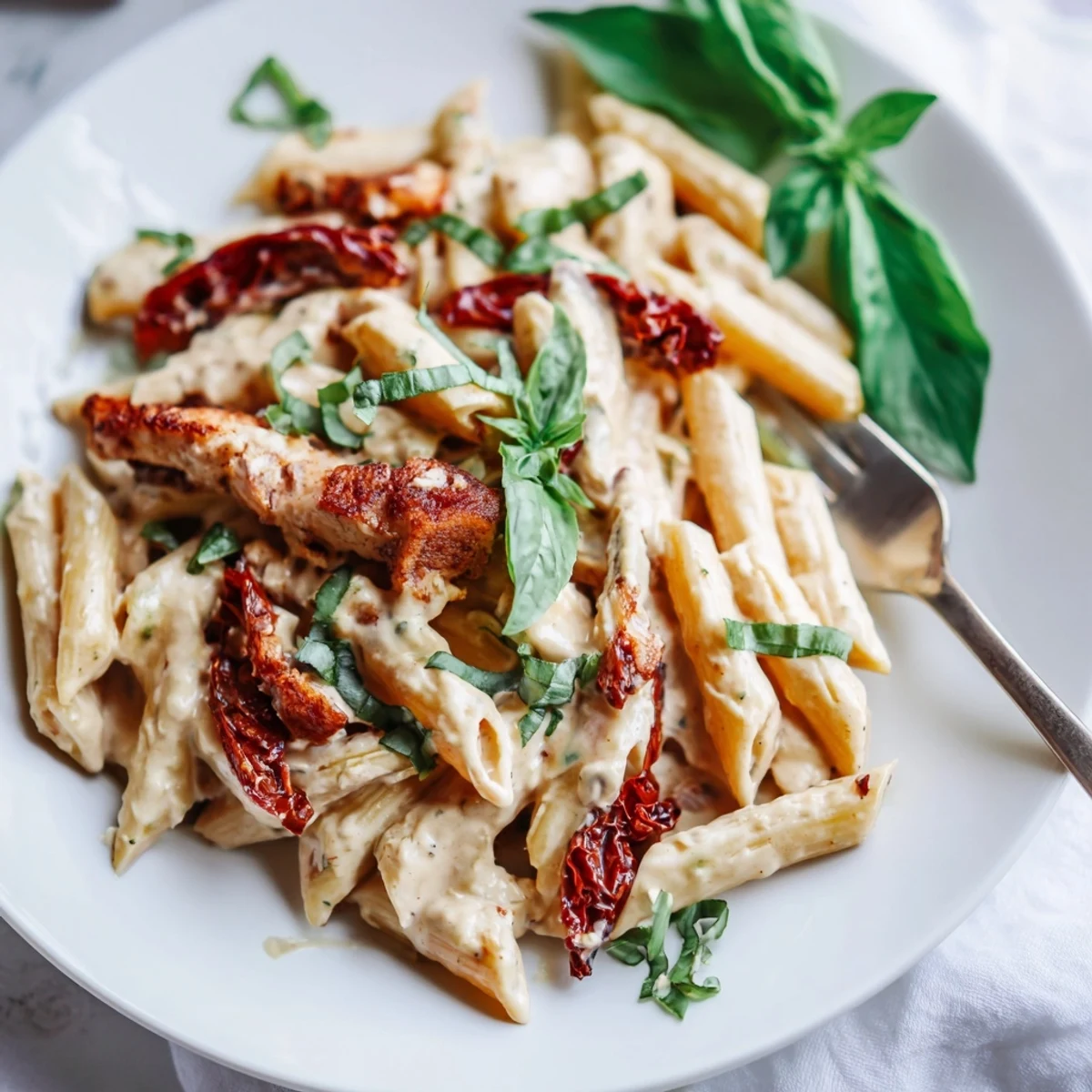 Marry Me Chicken Pasta served in white bowl garnished with fresh basil and grated parmesan