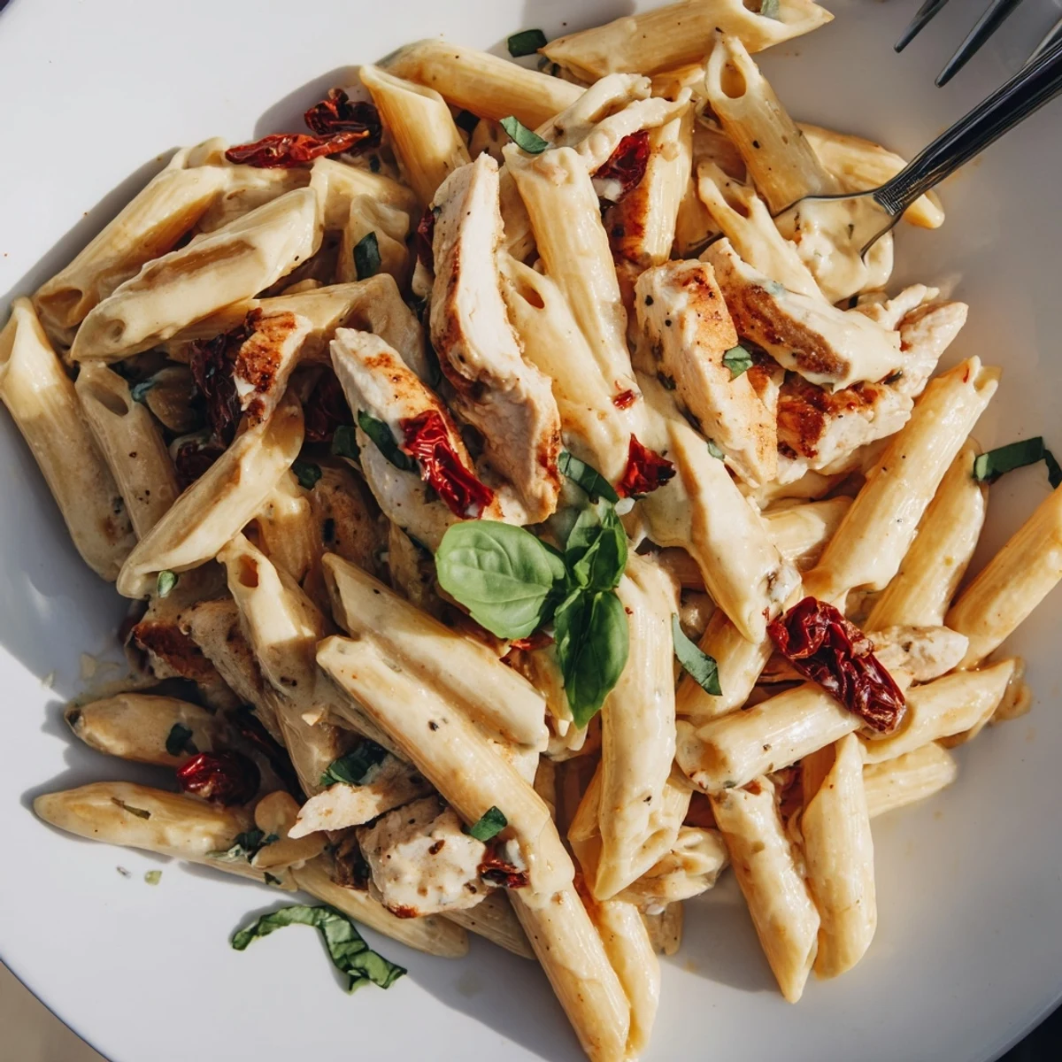 Creamy chicken penne pasta with tender sun-dried tomatoes in rich italian parmesan cream sauce