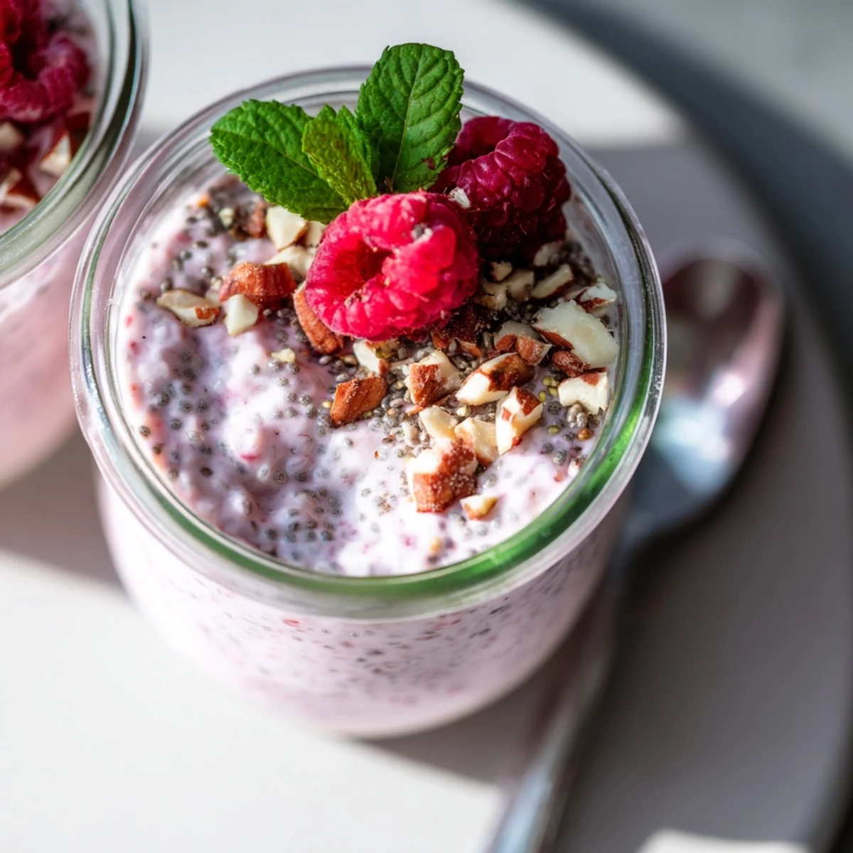 Creamy raspberry chia pudding topped with fresh raspberries and mint in glass jars