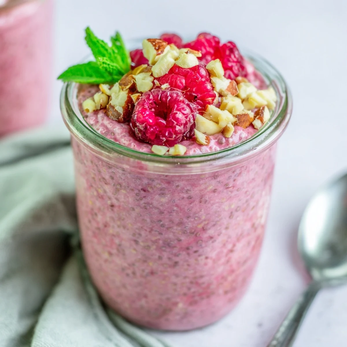 Vibrant pink raspberry chia pudding spoon showing thick texture and fresh fruit garnish
