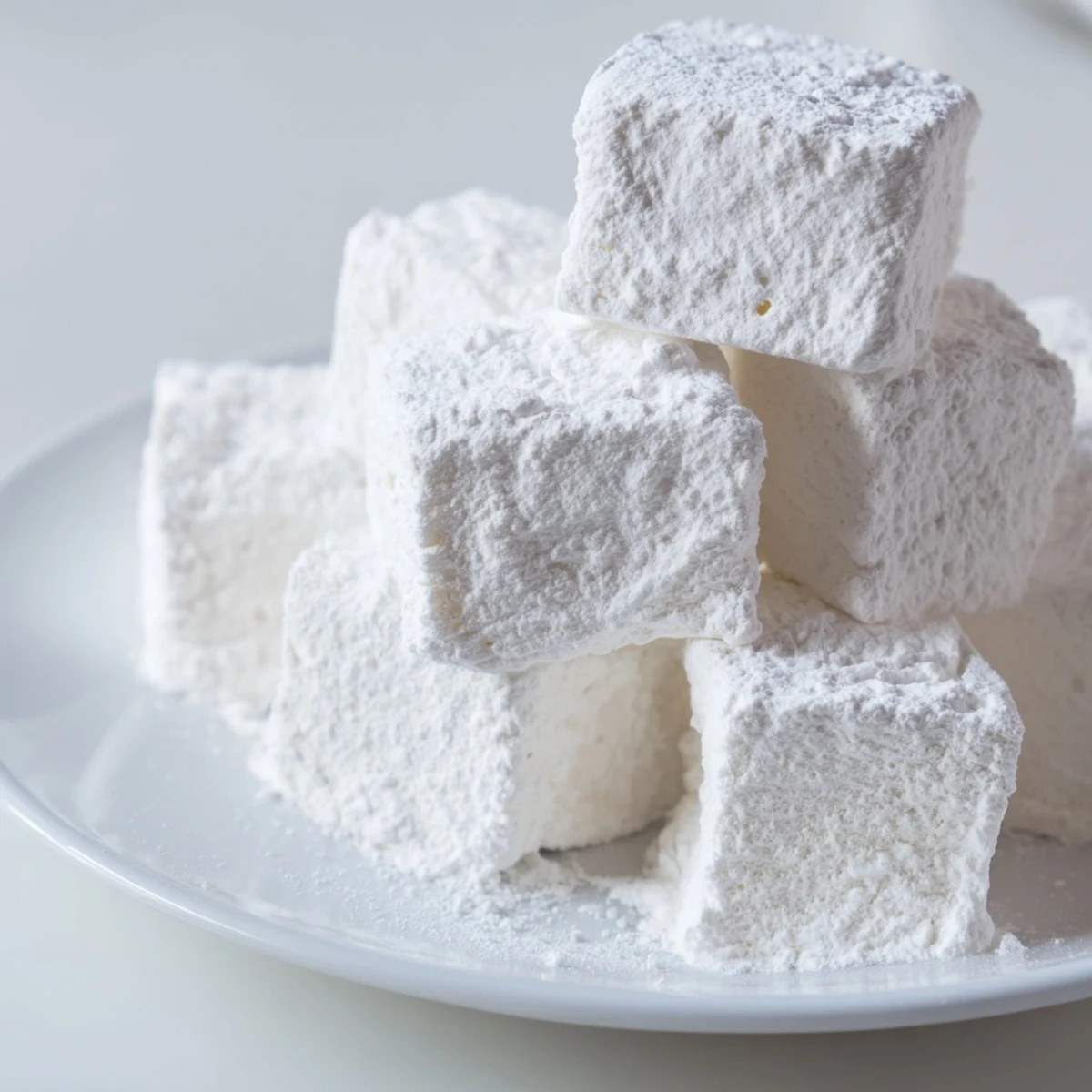 Fluffy white homemade marshmallow recipe dusted with powdered sugar on a marble cutting board