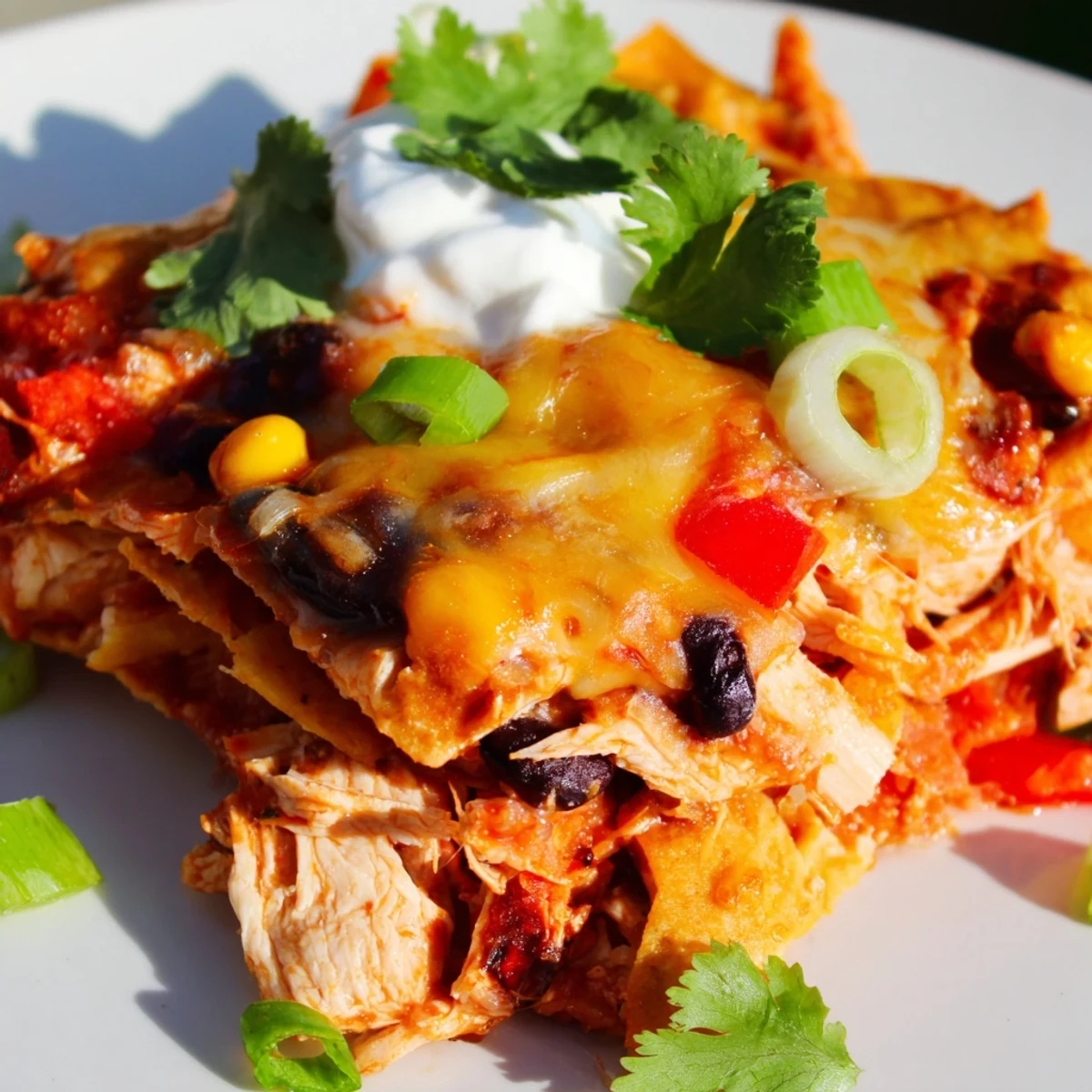 Slow cooker chicken enchilada casserole topped with cilantro and sour cream for a comforting Tex-Mex dinner