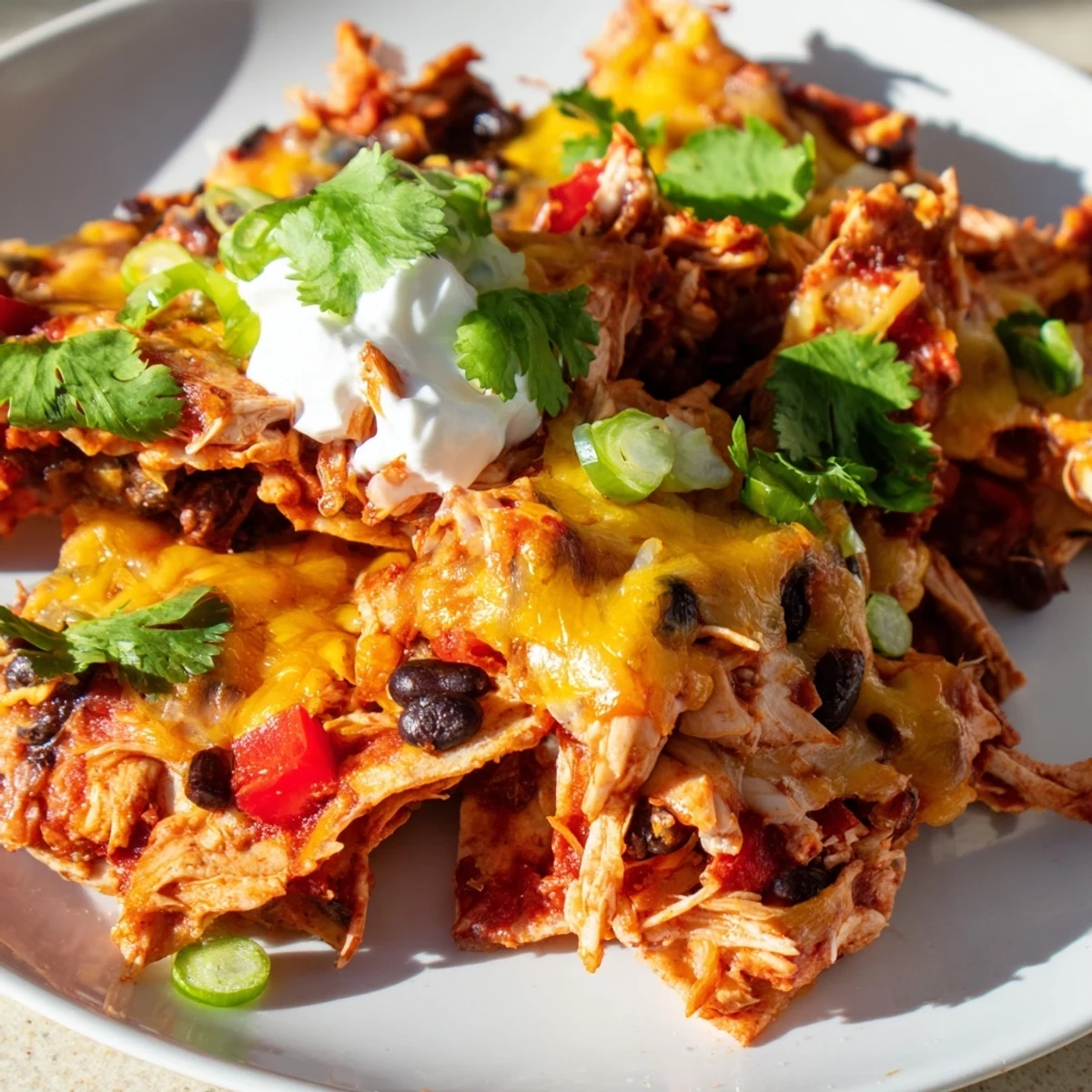 Hearty layered chicken enchilada casserole bubbling with cheese and tender vegetables in a slow cooker