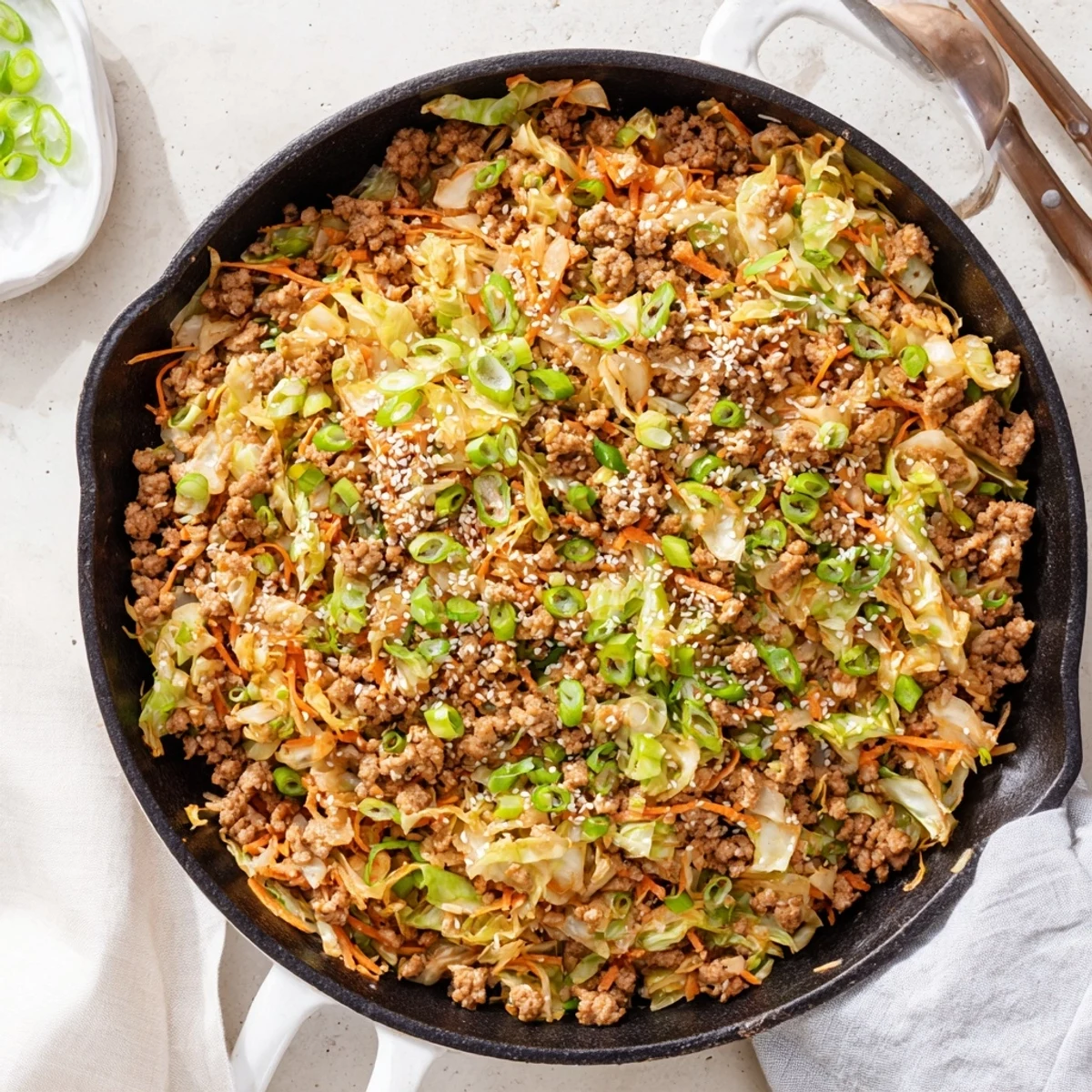 Colorful keto egg roll in a bowl featuring seasoned pork with vibrant shredded vegetables and green onion garnish in a one-pan meal