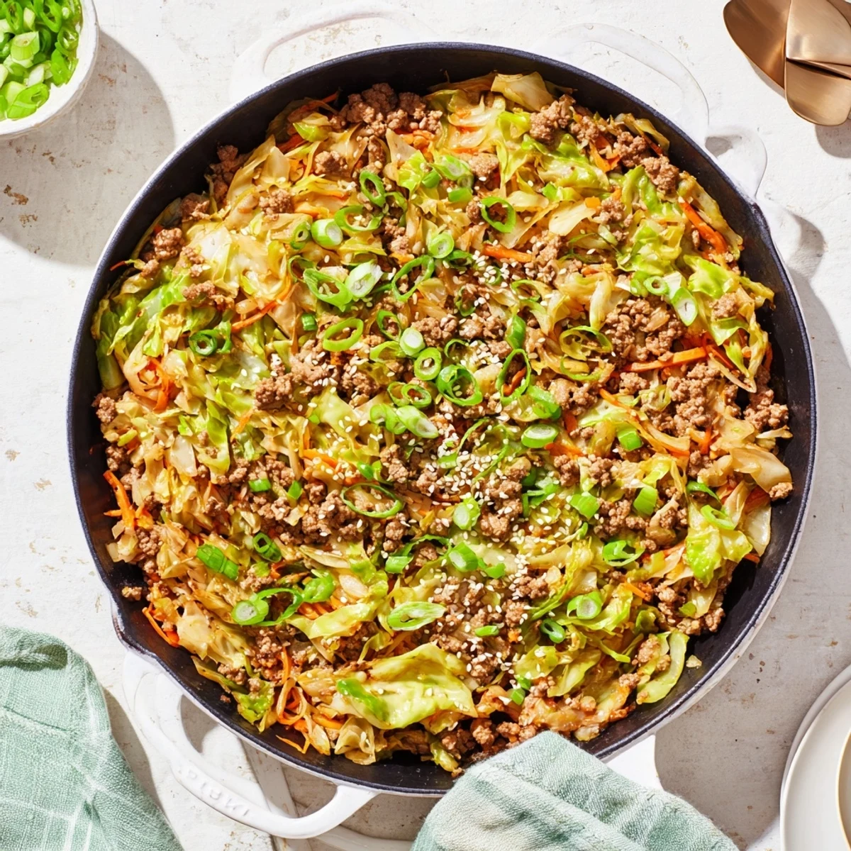 Golden brown ground pork stir-fried with crisp cabbage and carrots in a savory sesame soy sauce, served hot in a cast iron skillet