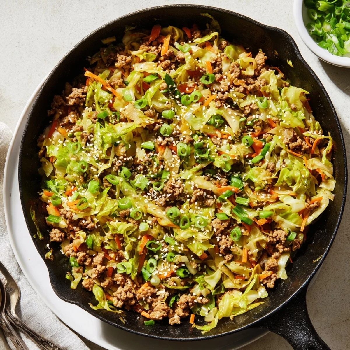 Savory low-carb egg roll in a bowl with tender pork, cabbage, and carrots topped with sesame seeds and fresh green onions