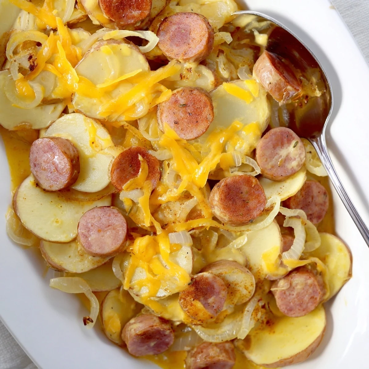 Creamy layers of sliced potatoes and smoky kielbasa in a rich cheese sauce