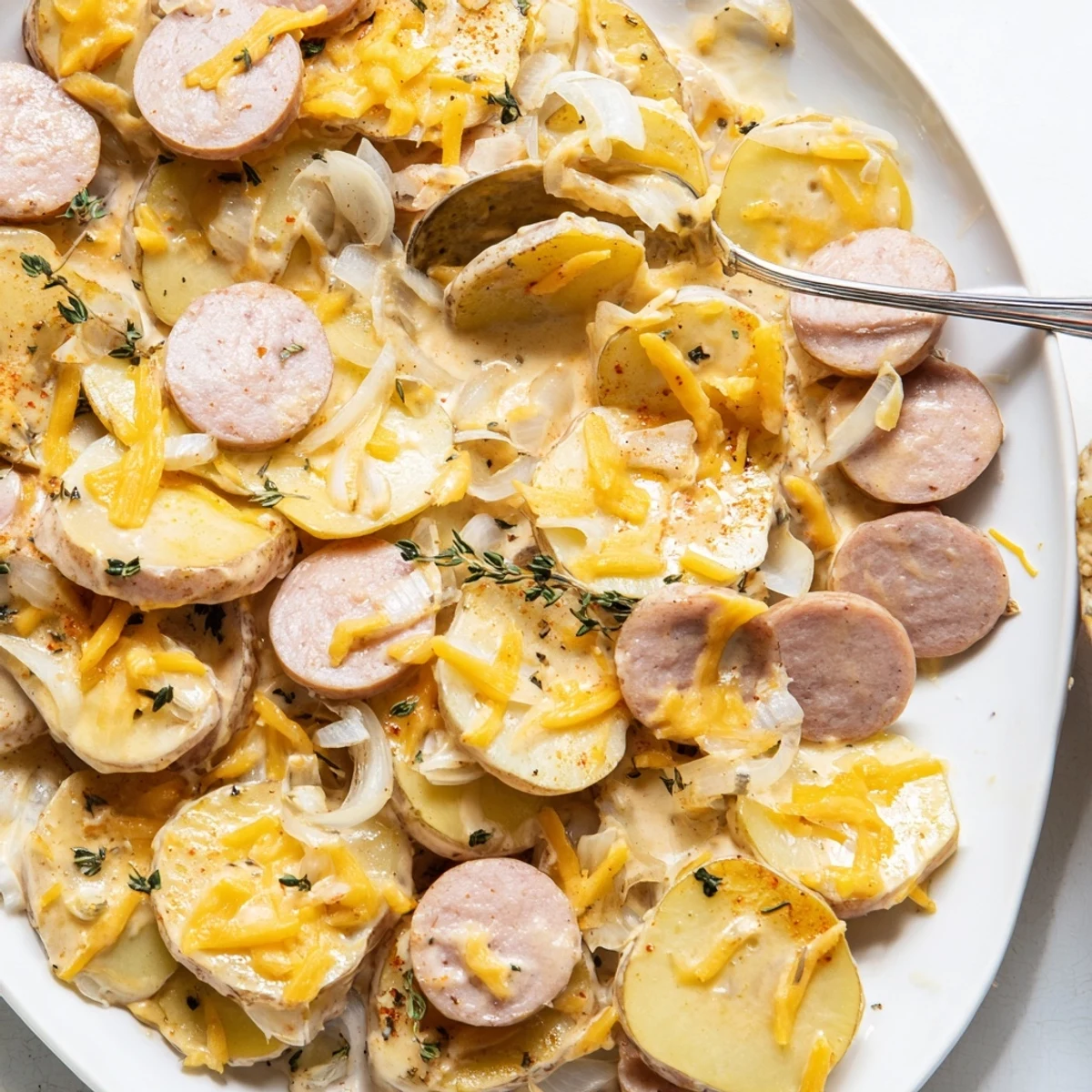 Hearty slow cooker scalloped potatoes kielbasa dish with tender potato slices and sausage rounds