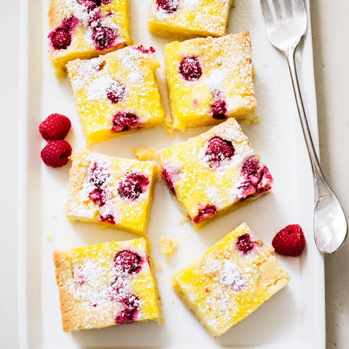 Golden lemon raspberry bars featuring a buttery shortbread crust topped with vibrant red berry swirls
