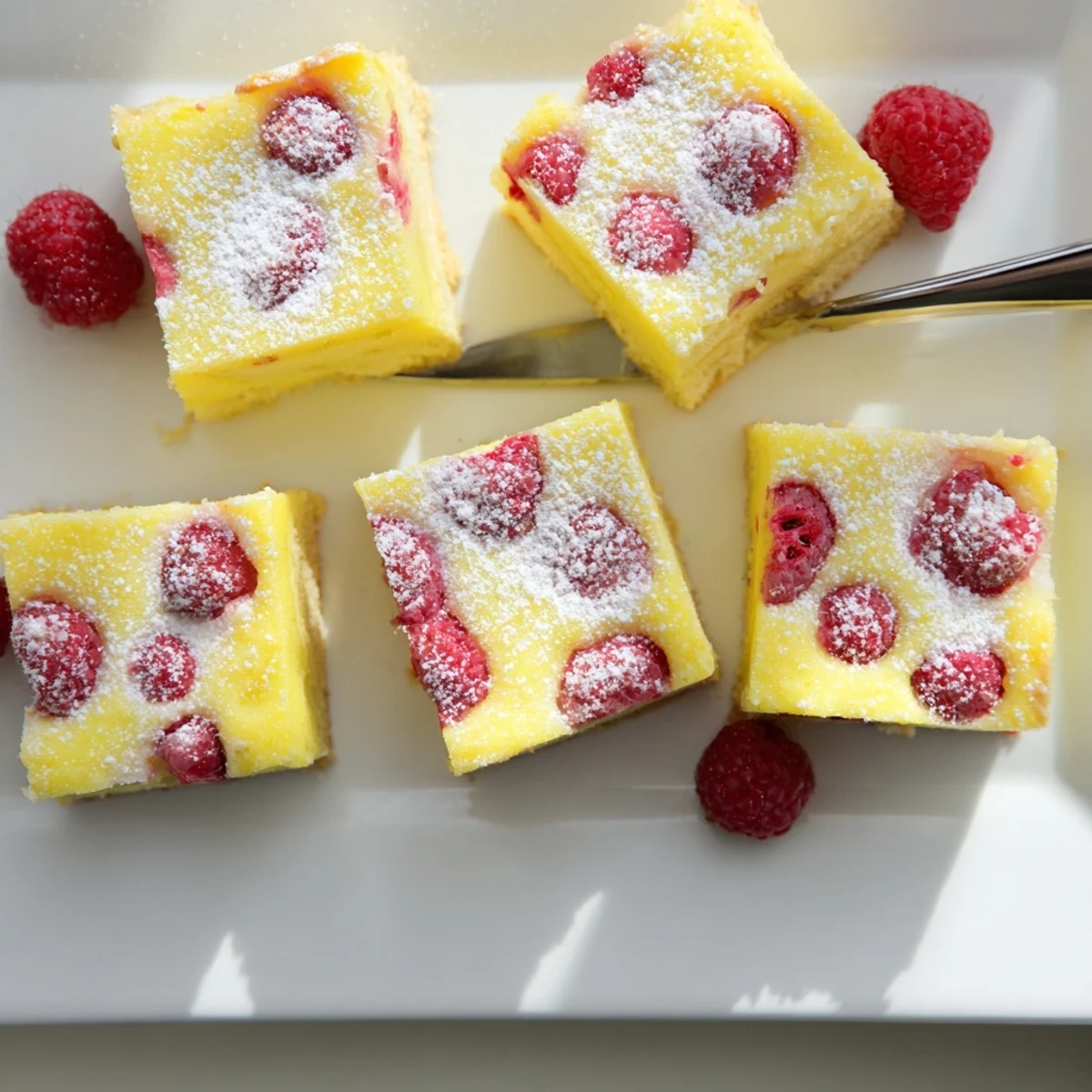 Fresh raspberry lemon bars on a white plate dusted with powdered sugar for serving