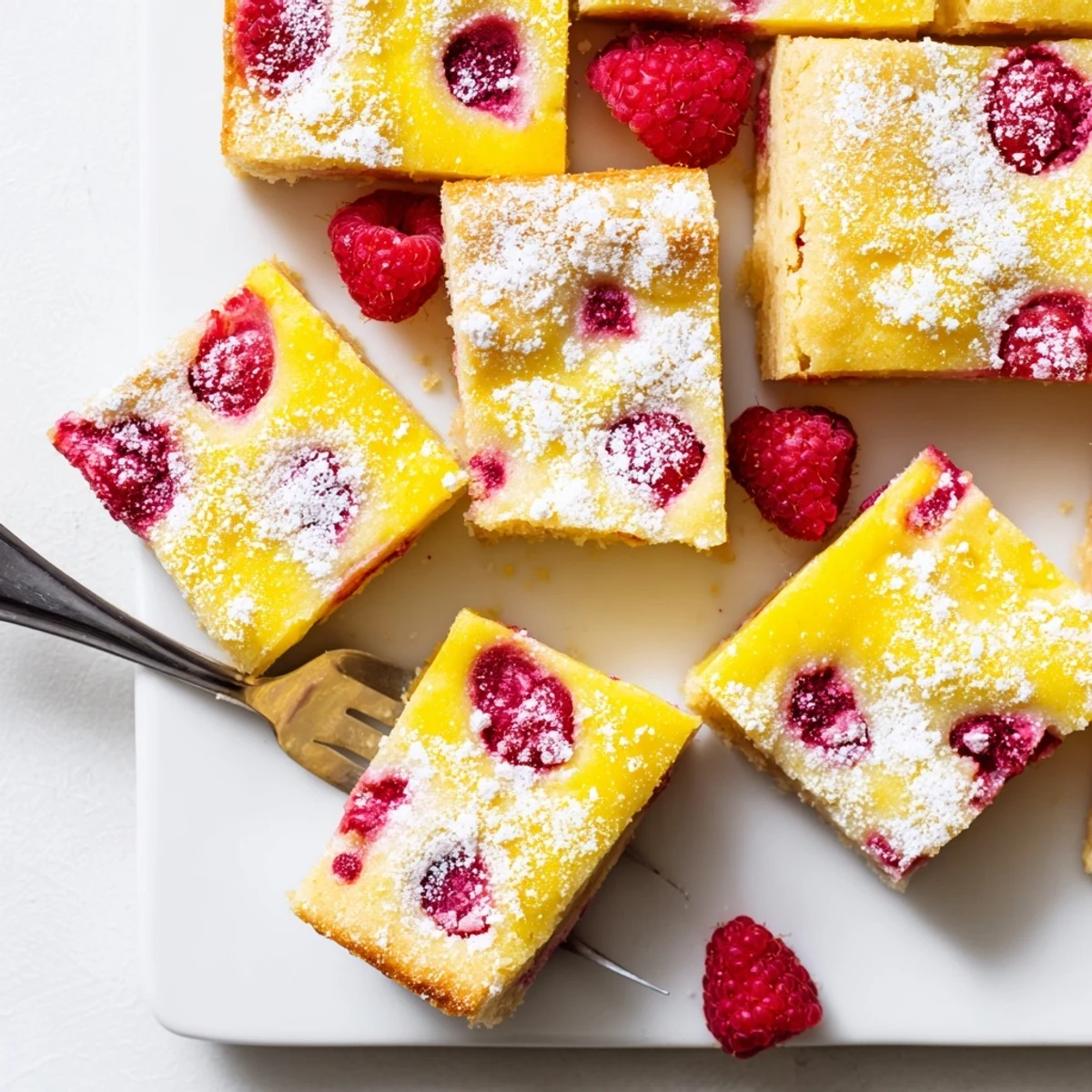 Tangy lemon raspberry bars cut into squares revealing ruby red berries and bright yellow filling